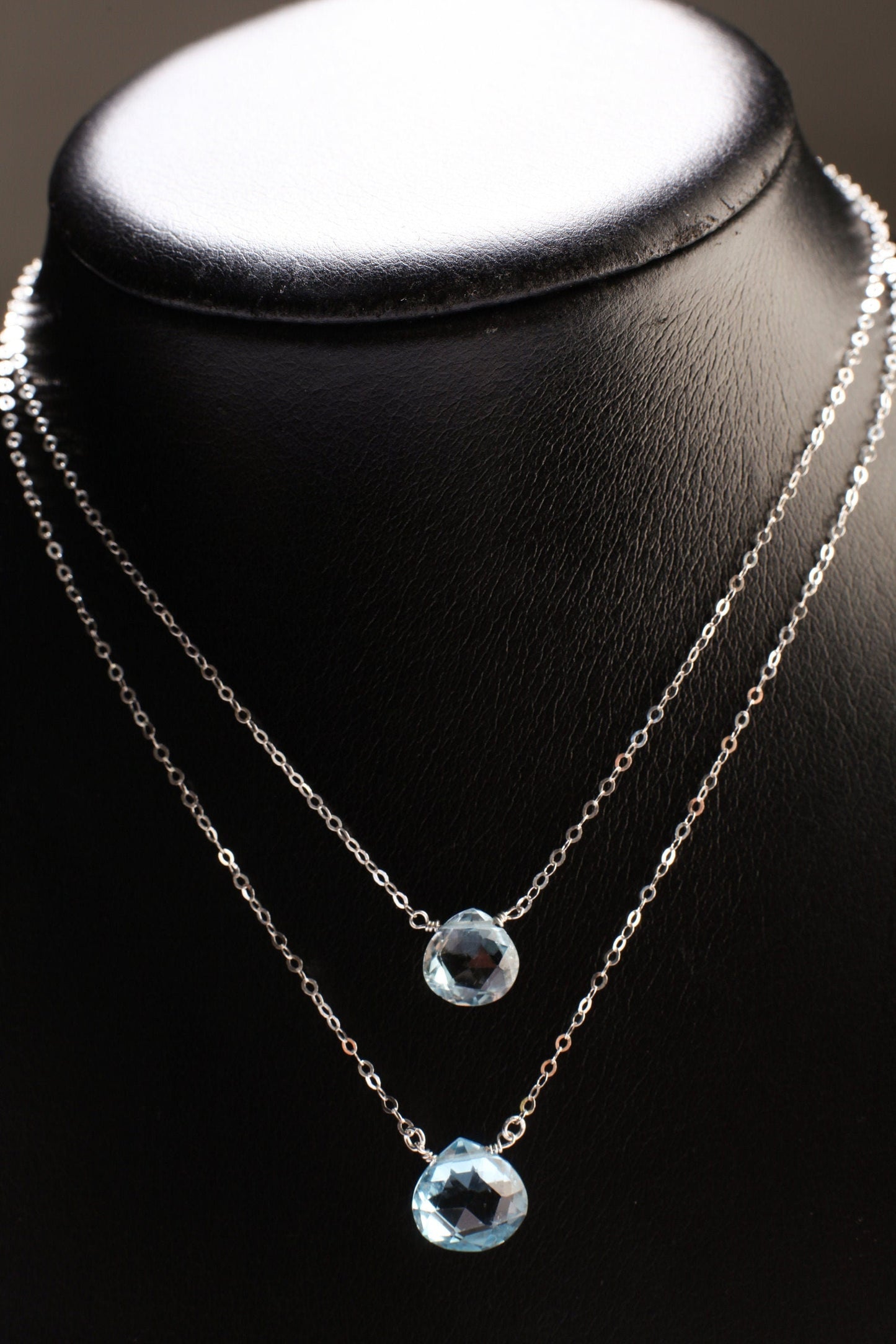 Swiss Blue Topaz Faceted Heart Briolette Teardrop AAA Quality 10.5mm and 12.5mm cut Gems in 925 Sterling Silver Necklace December birthstone