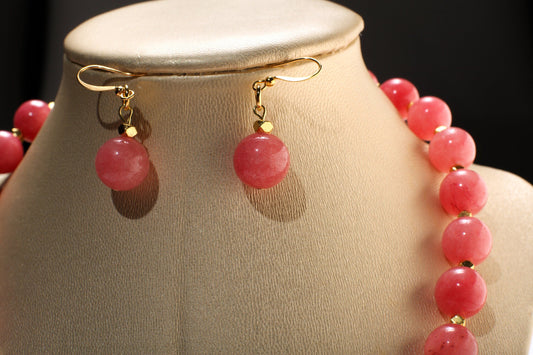 Pink Jade 12mm Round Necklace with Bali Style Gold Spacer Bead, Matching Pink Jade Earrings Jewelry Set 18&quot; Necklace Plus 2&quot; Extension