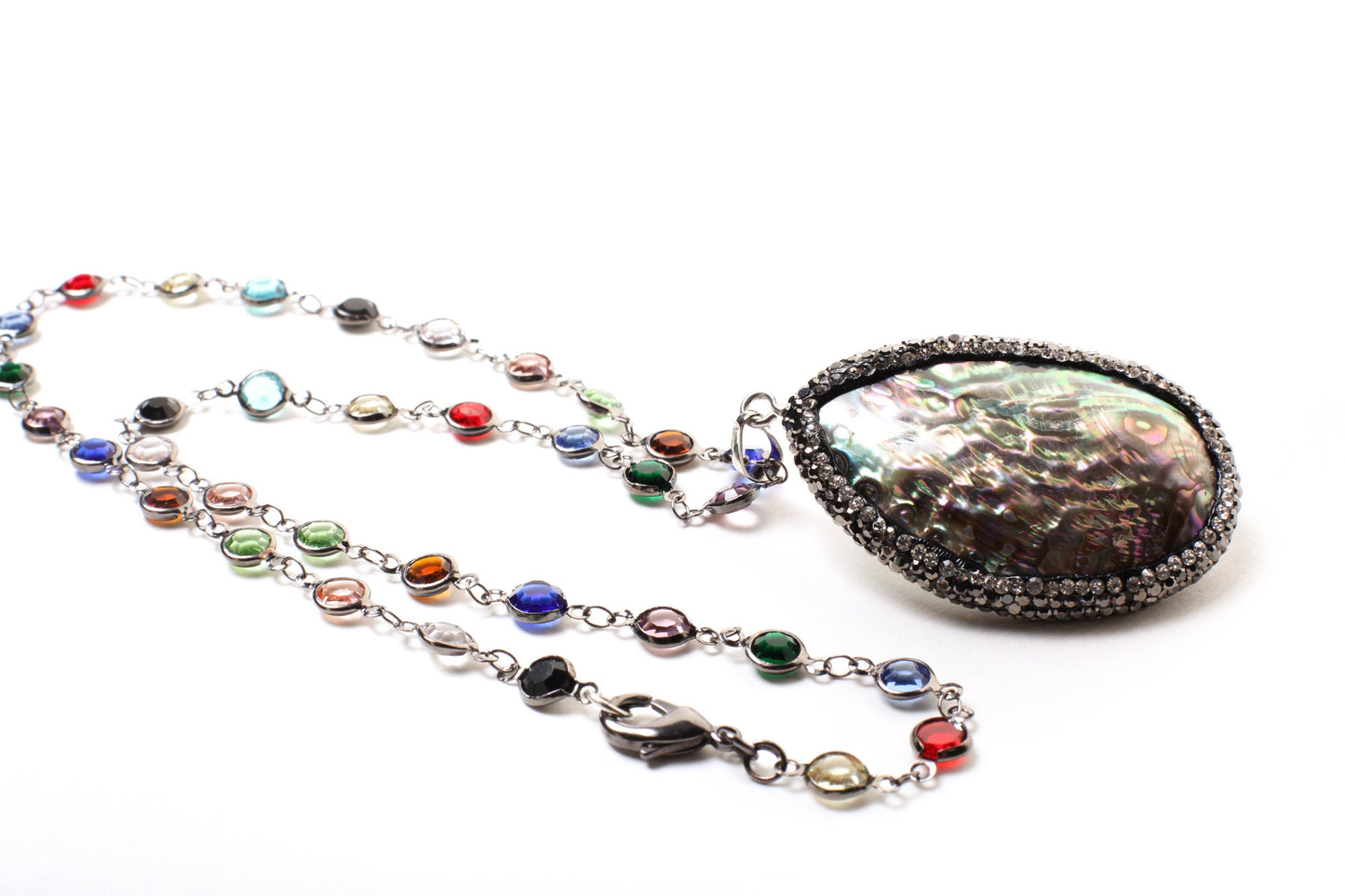 Abalone CZ Pave Marcasite Style 36x53mm Pendant Multi Crystal Quartz Beaded Bezel Chain in Oxidized Silver Chain 21" Necklace