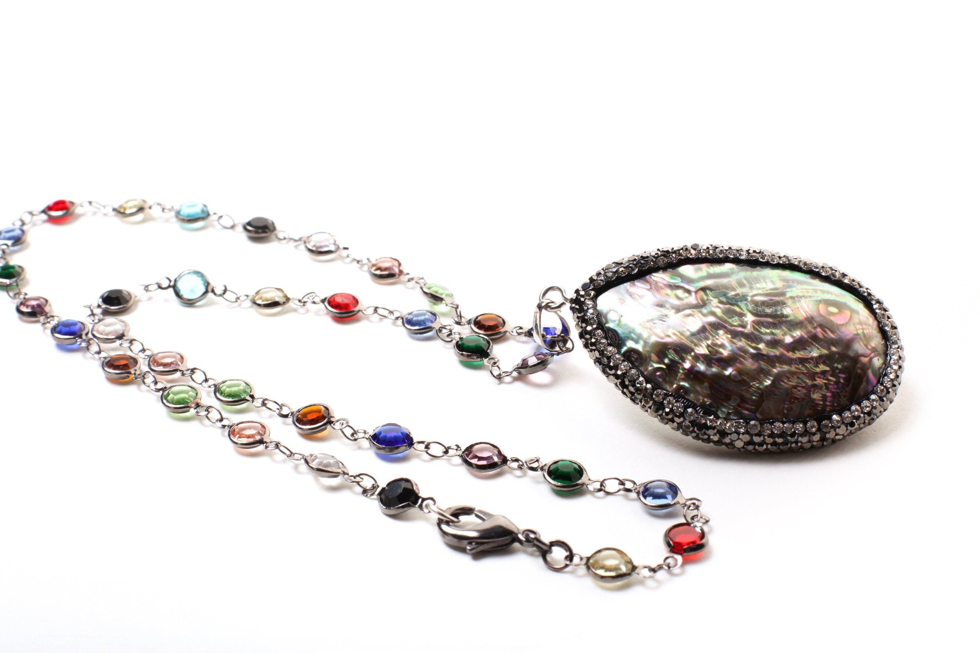 Abalone CZ Pave Marcasite Style 36x53mm Pendant Multi Crystal Quartz Beaded Bezel Chain in Oxidized Silver Chain 21" Necklace