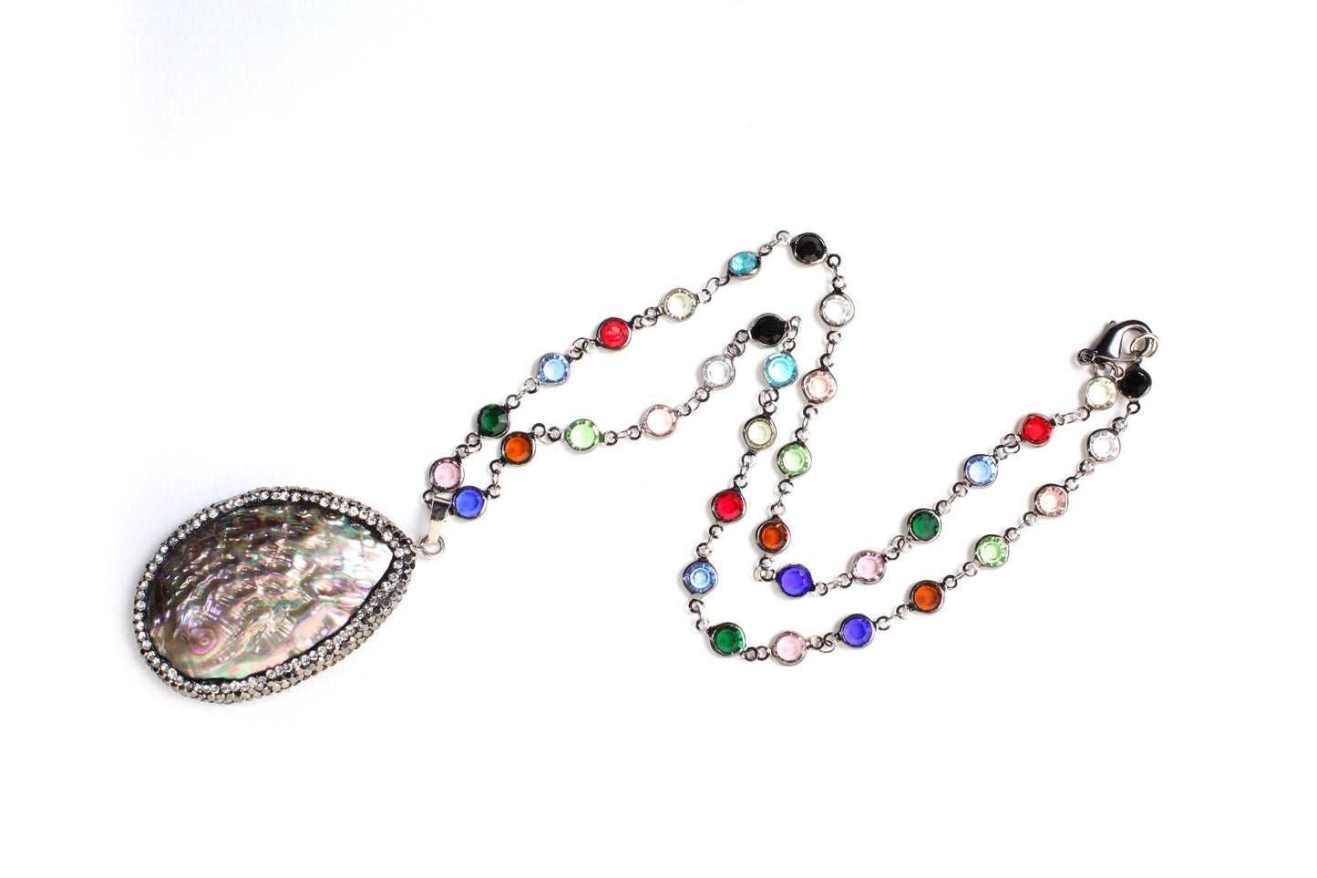 Abalone CZ Pave Marcasite Style 36x53mm Pendant Multi Crystal Quartz Beaded Bezel Chain in Oxidized Silver Chain 21" Necklace