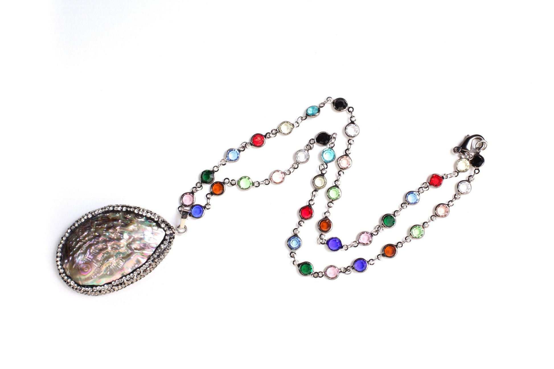 Abalone CZ Pave Marcasite Style 36x53mm Pendant Multi Crystal Quartz Beaded Bezel Chain in Oxidized Silver Chain 21" Necklace