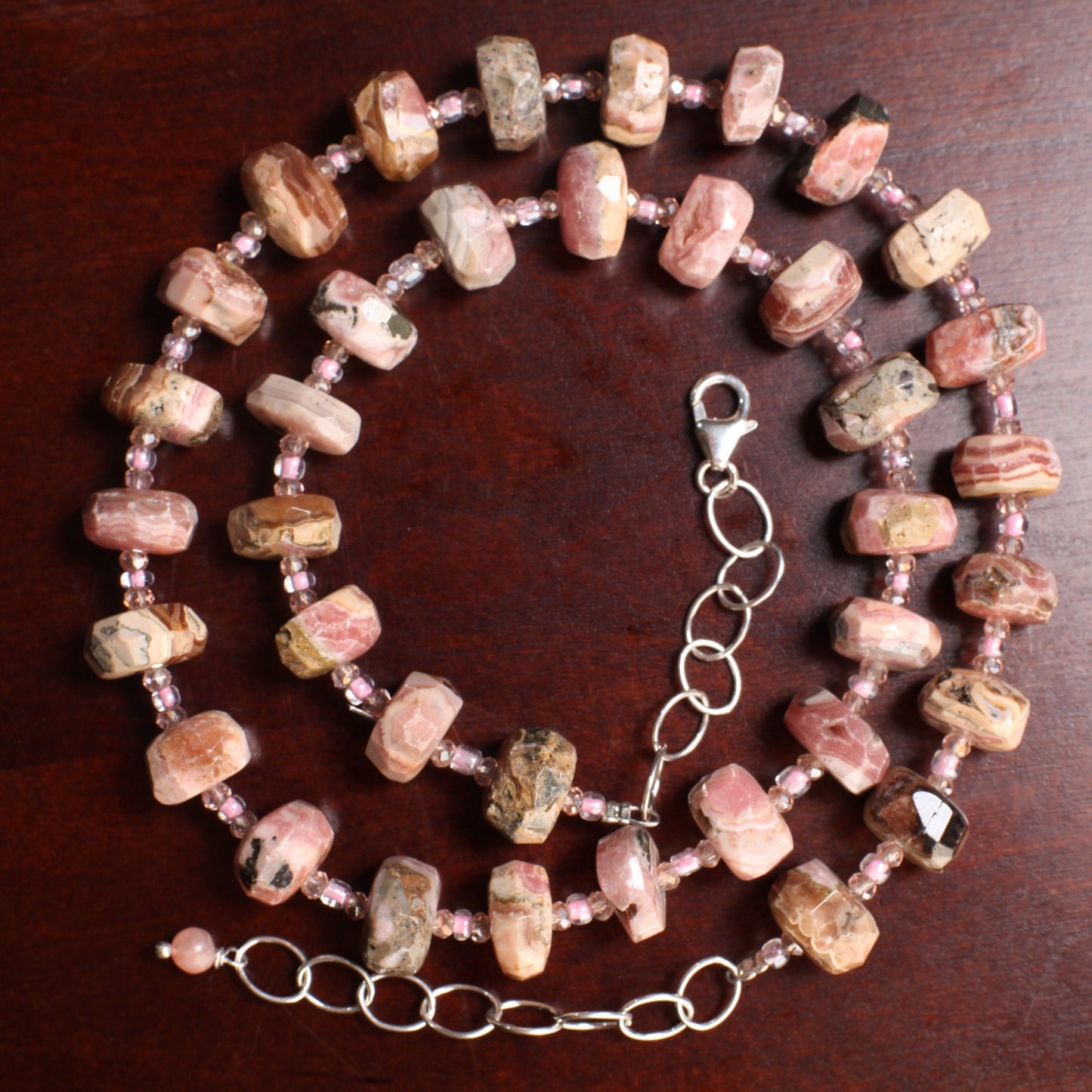 Argentina Rhodochrosite Faceted Rondelle 6x11mm Necklace, Pink Quartz Spacers, 925 Sterling Silver 20.5&quot; Necklace with 2&quot; Extension