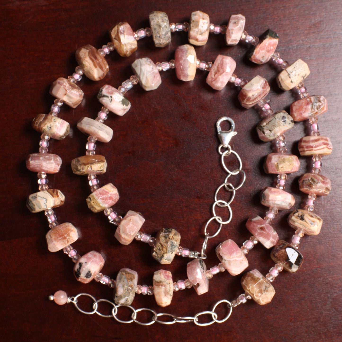 Argentina Rhodochrosite Faceted Rondelle 6x11mm Necklace, Pink Quartz Spacers, 925 Sterling Silver 20.5" Necklace with 2" Extension