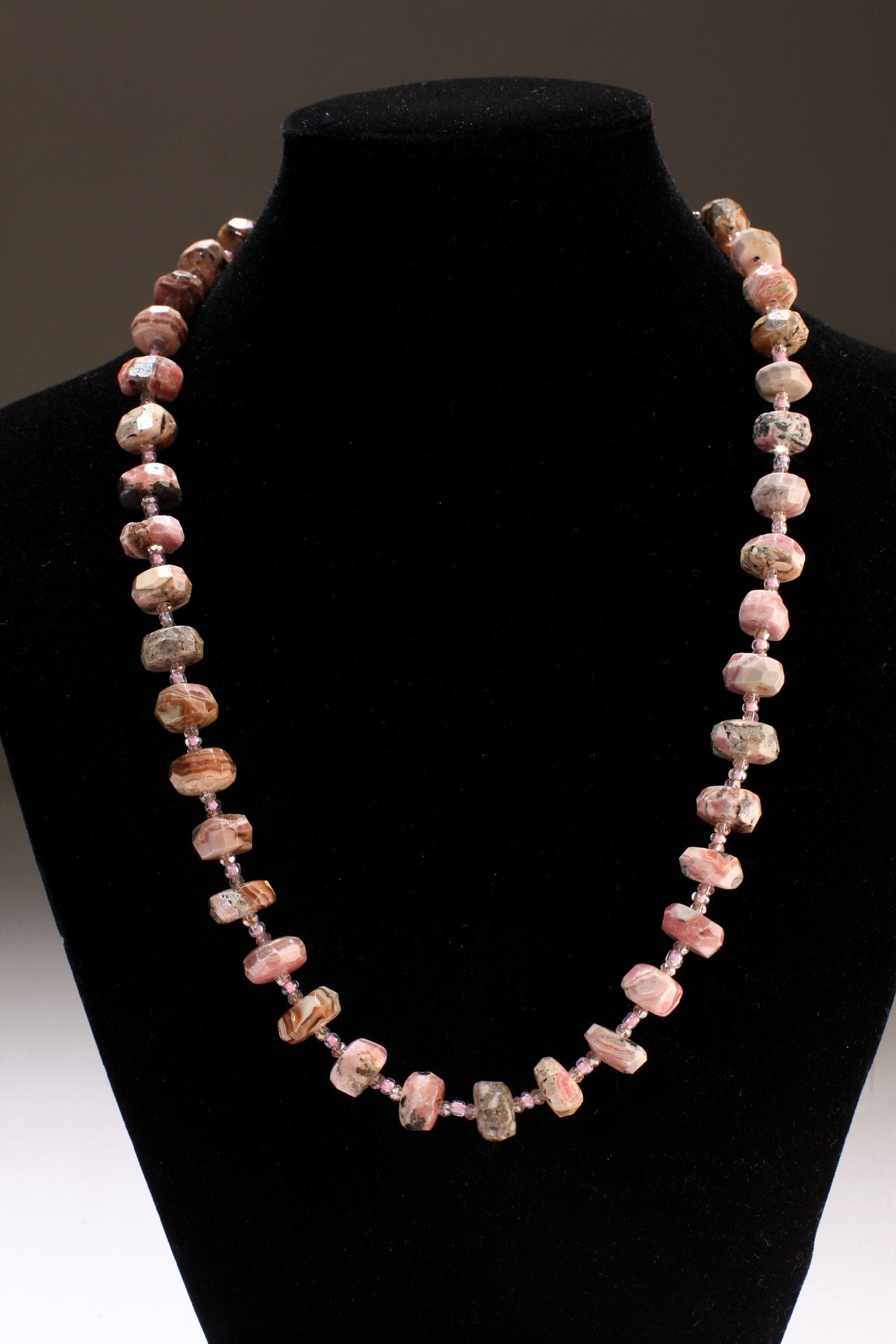 Argentina Rhodochrosite Faceted Rondelle 6x11mm Necklace, Pink Quartz Spacers, 925 Sterling Silver 20.5&quot; Necklace with 2&quot; Extension