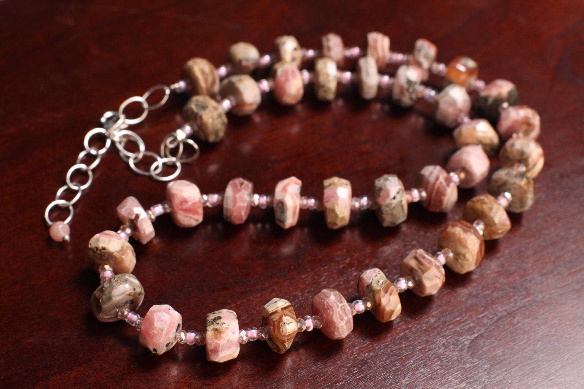 Argentina Rhodochrosite Faceted Rondelle 6x11mm Necklace, Pink Quartz Spacers, 925 Sterling Silver 20.5&quot; Necklace with 2&quot; Extension