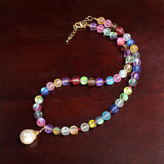 Matte multi color sea Glass, Mermaid bead ,South Sea Seashell White Pearl pendant,Red Spinel Faceted Spacers Necklace plus 2" Extension
