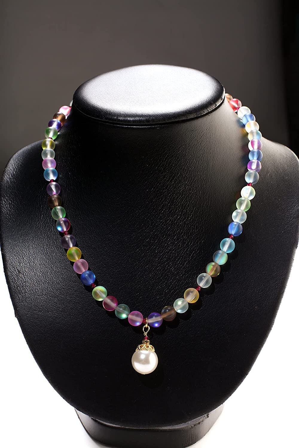 Matte multi color sea Glass, Mermaid bead ,South Sea Seashell White Pearl pendant,Red Spinel Faceted Spacers Necklace plus 2" Extension