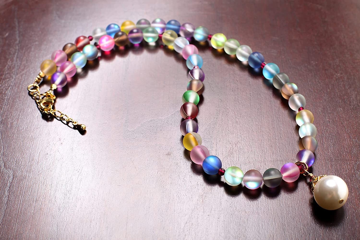 Matte multi color sea Glass, Mermaid bead ,South Sea Seashell White Pearl pendant,Red Spinel Faceted Spacers Necklace plus 2" Extension