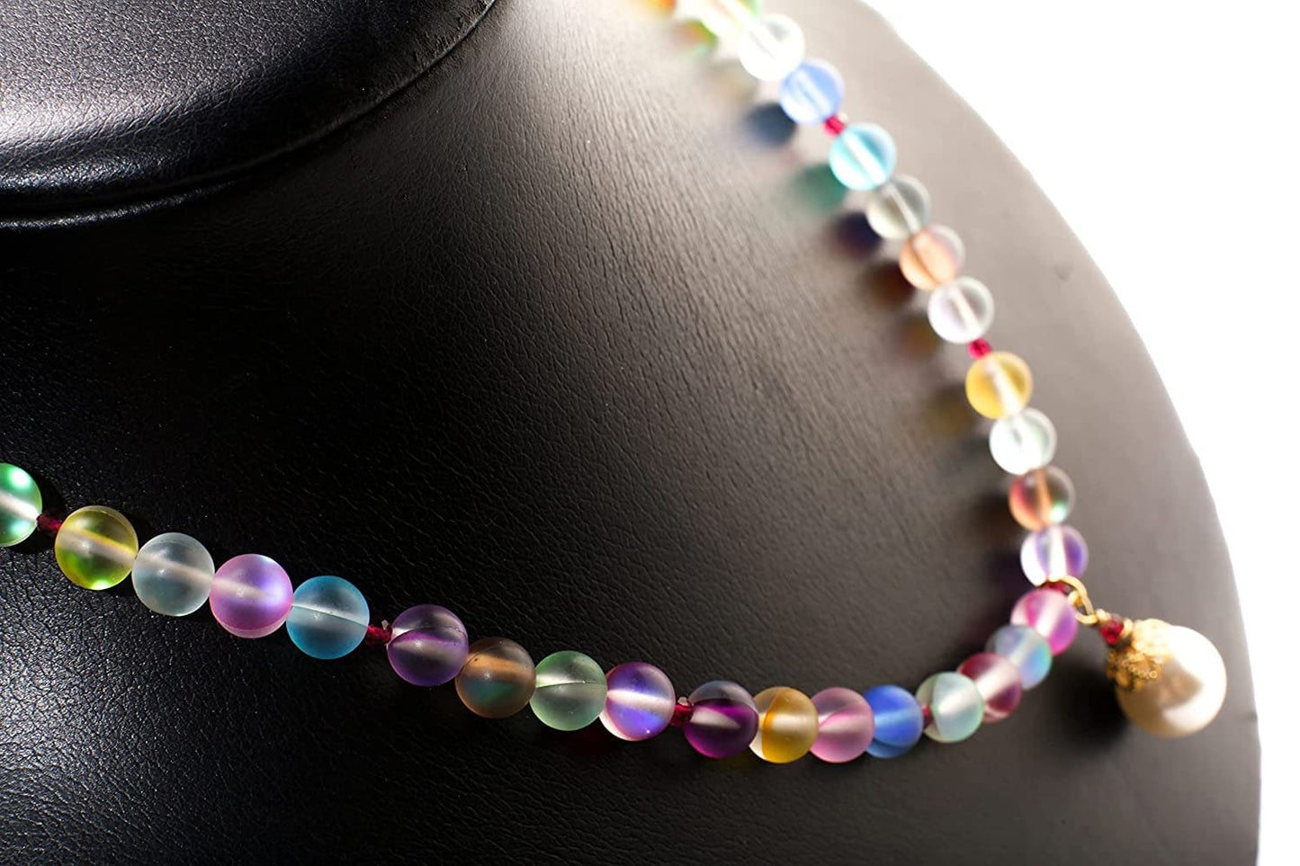 Matte multi color sea Glass, Mermaid bead ,South Sea Seashell White Pearl pendant,Red Spinel Faceted Spacers Necklace plus 2" Extension