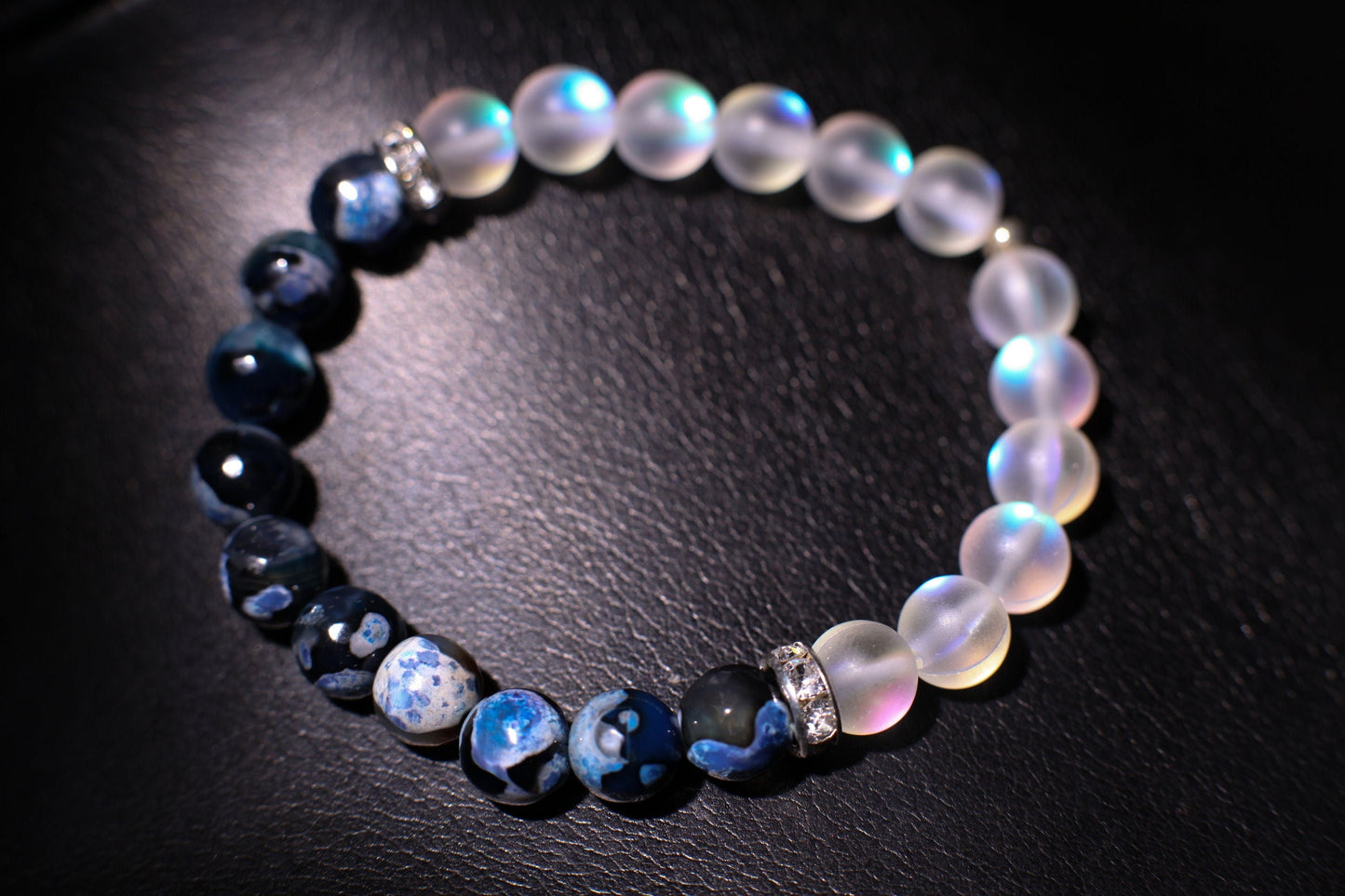 Fire Agate blue faceted 8mm polished with mermaid Sea Glass glow bead 8mm or Rhinestone Spacers Bracelet, 2 different style to choose.