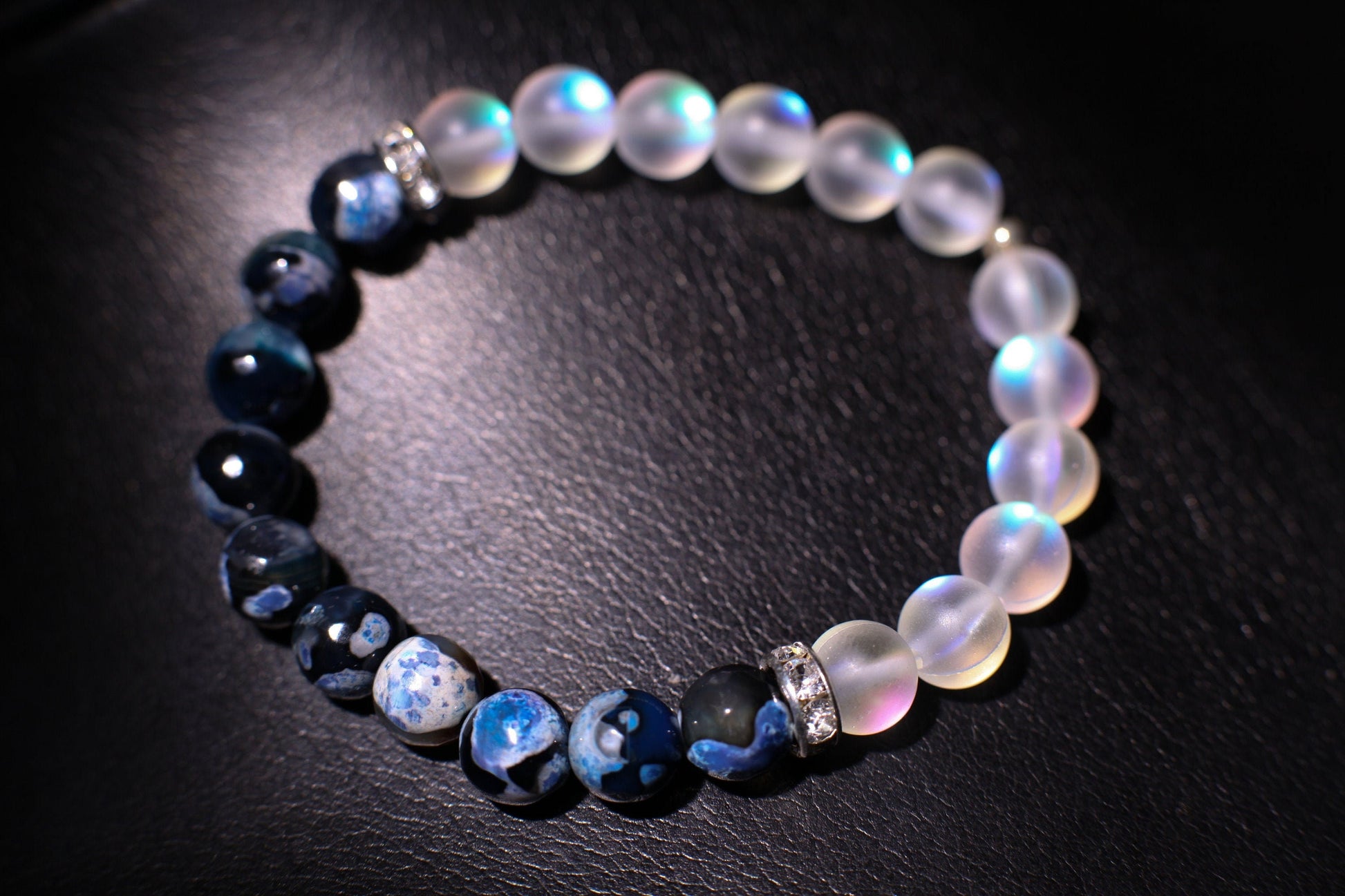 Fire Agate blue faceted 8mm polished with mermaid Sea Glass glow bead 8mm or Rhinestone Spacers Bracelet, 2 different style to choose.