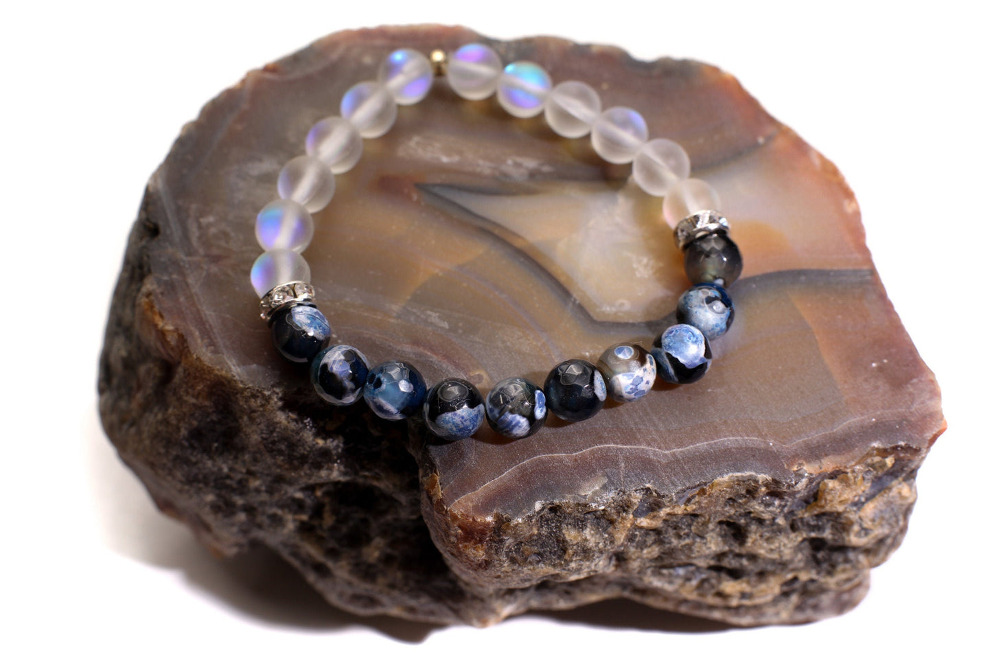 Fire Agate blue faceted 8mm polished with mermaid Sea Glass glow bead 8mm or Rhinestone Spacers Bracelet, 2 different style to choose.