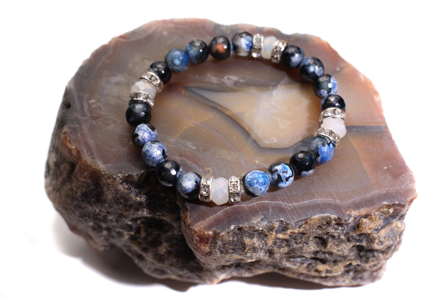 Fire Agate blue faceted 8mm polished with mermaid Sea Glass glow bead 8mm or Rhinestone Spacers Bracelet, 2 different style to choose.