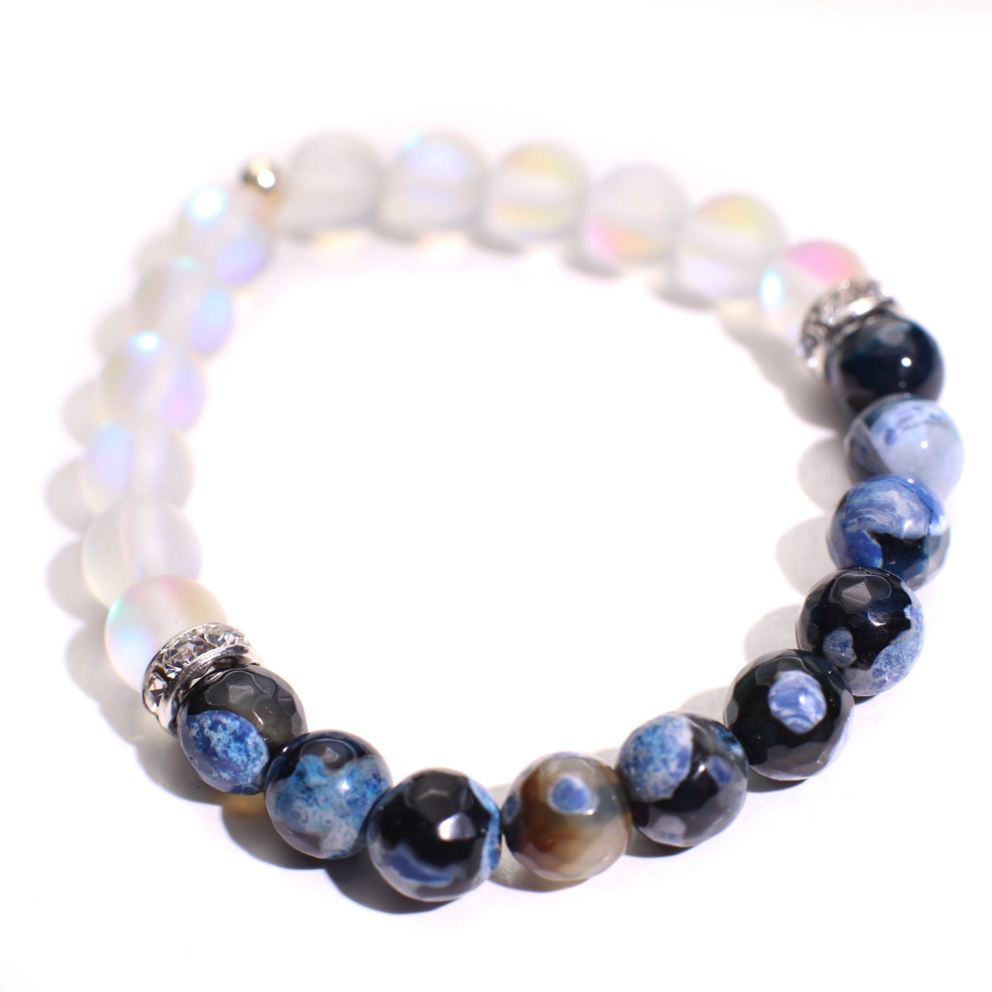 Fire Agate blue faceted 8mm polished with mermaid Sea Glass glow bead 8mm or Rhinestone Spacers Bracelet, 2 different style to choose.