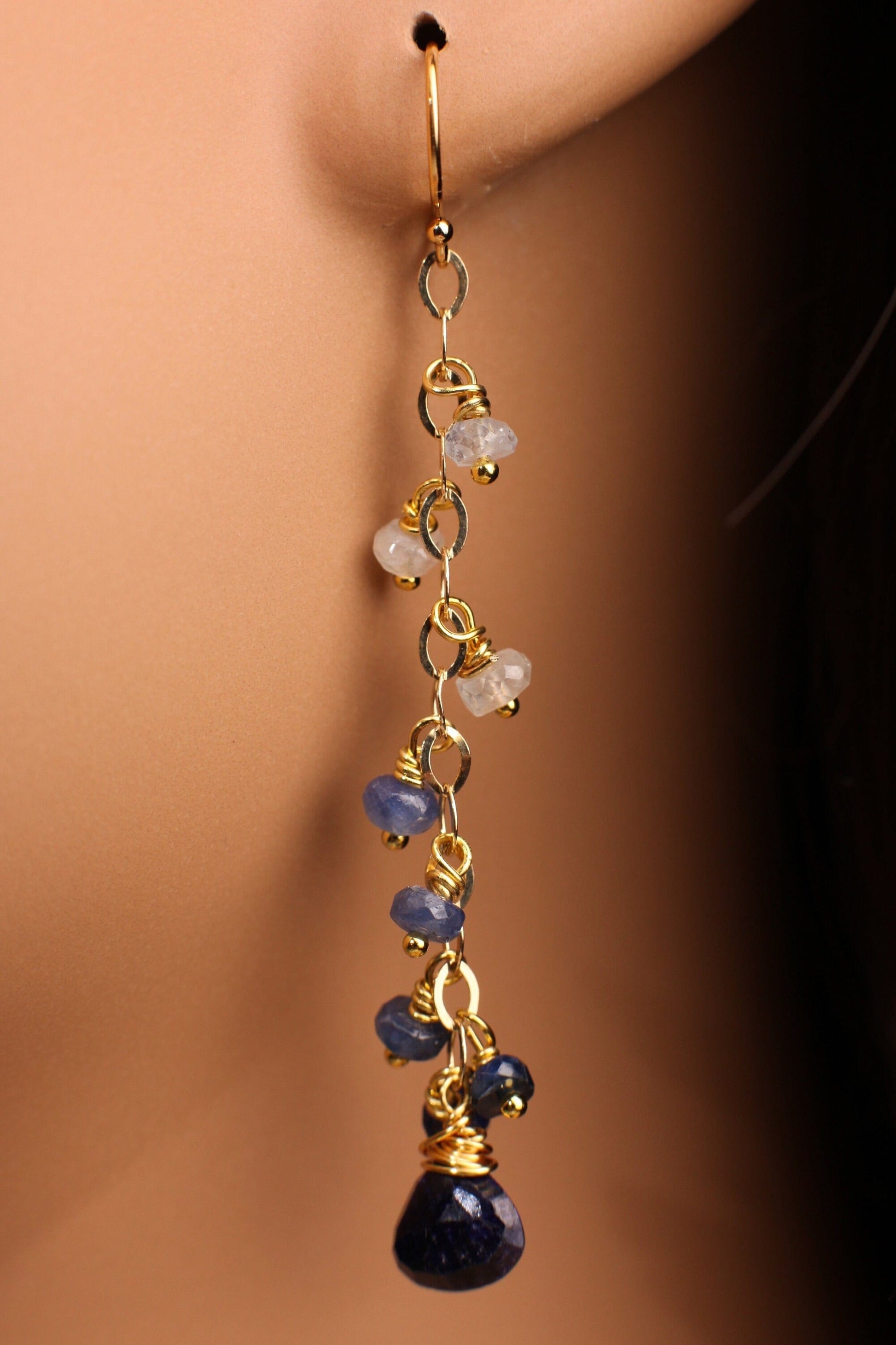 Ombre Sapphire earrings Wire Wrapped 7.5mm heart drop Dangling with 4mm faceted roundel in 14K Gold Filled hook or Leverback earwire