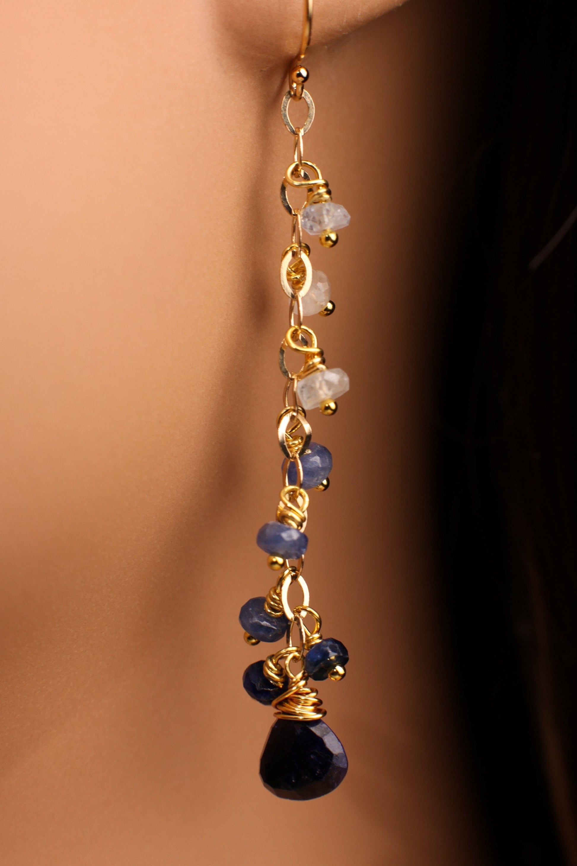 Ombre Sapphire earrings Wire Wrapped 7.5mm heart drop Dangling with 4mm faceted roundel in 14K Gold Filled hook or Leverback earwire