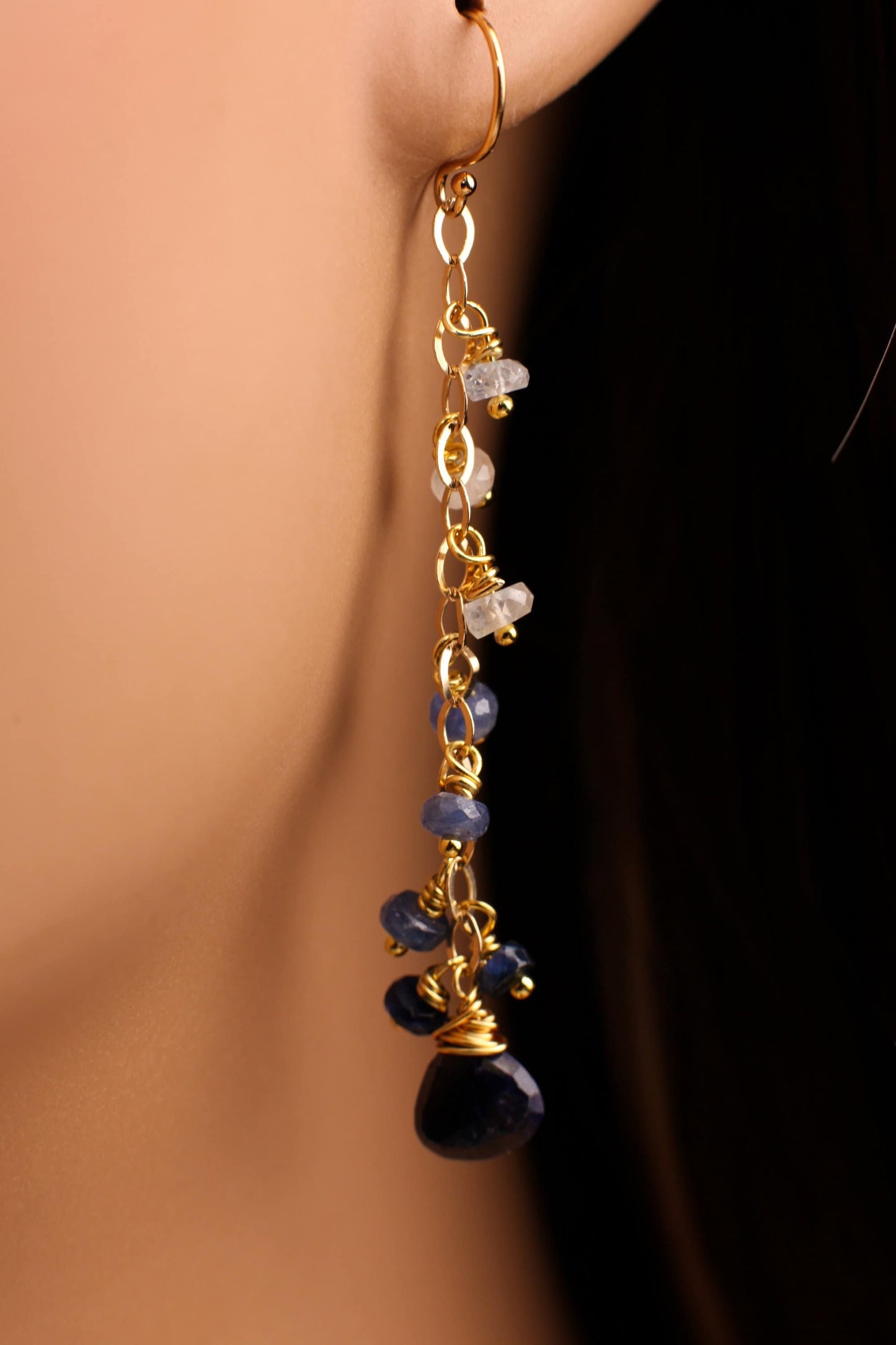 Ombre Sapphire earrings Wire Wrapped 7.5mm heart drop Dangling with 4mm faceted roundel in 14K Gold Filled hook or Leverback earwire