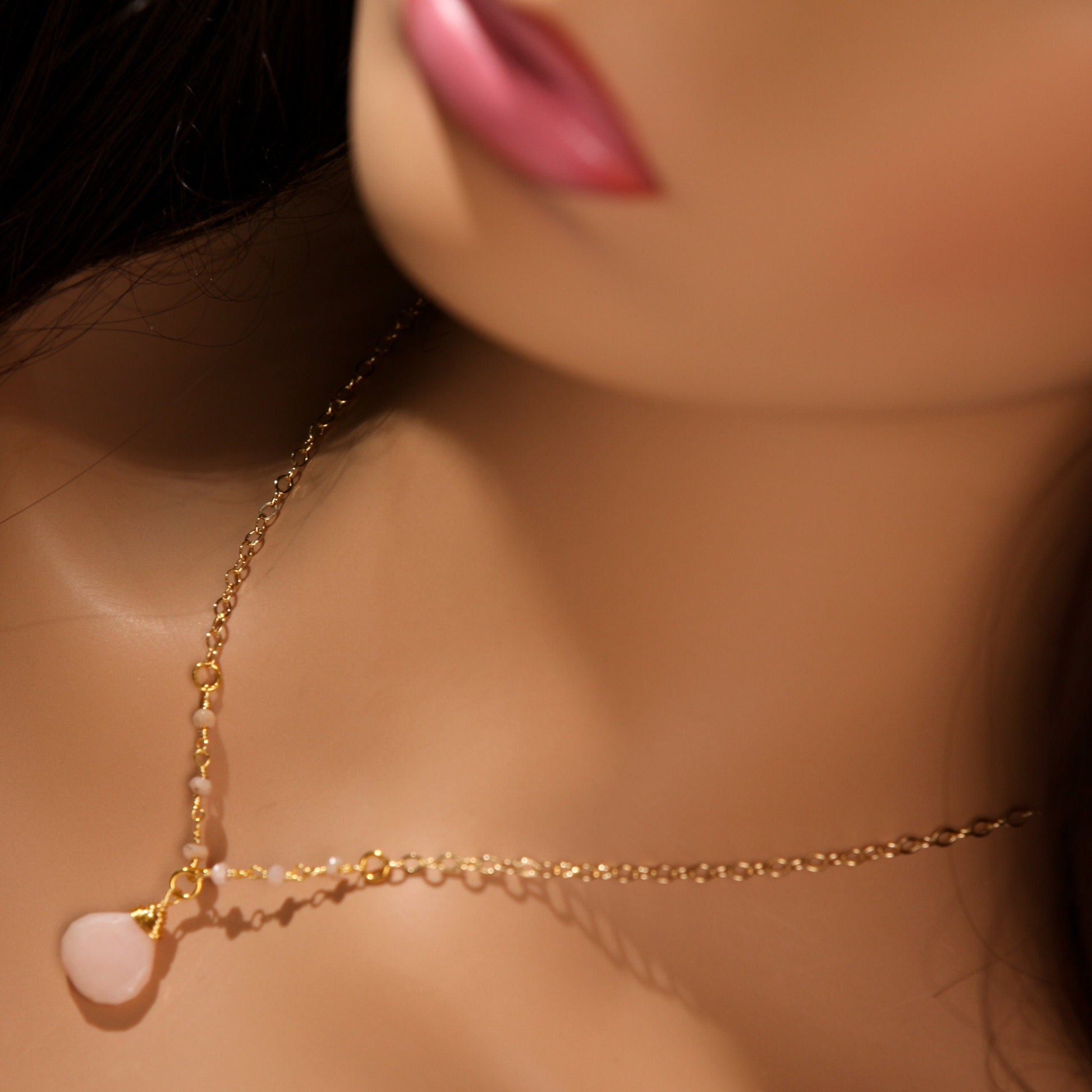 Pink Peruvian Opal Wire Wrapped Heart Shape Pear Drop in 14K Gold Filled Chain Necklace, Minimalist, Gift valentines gift