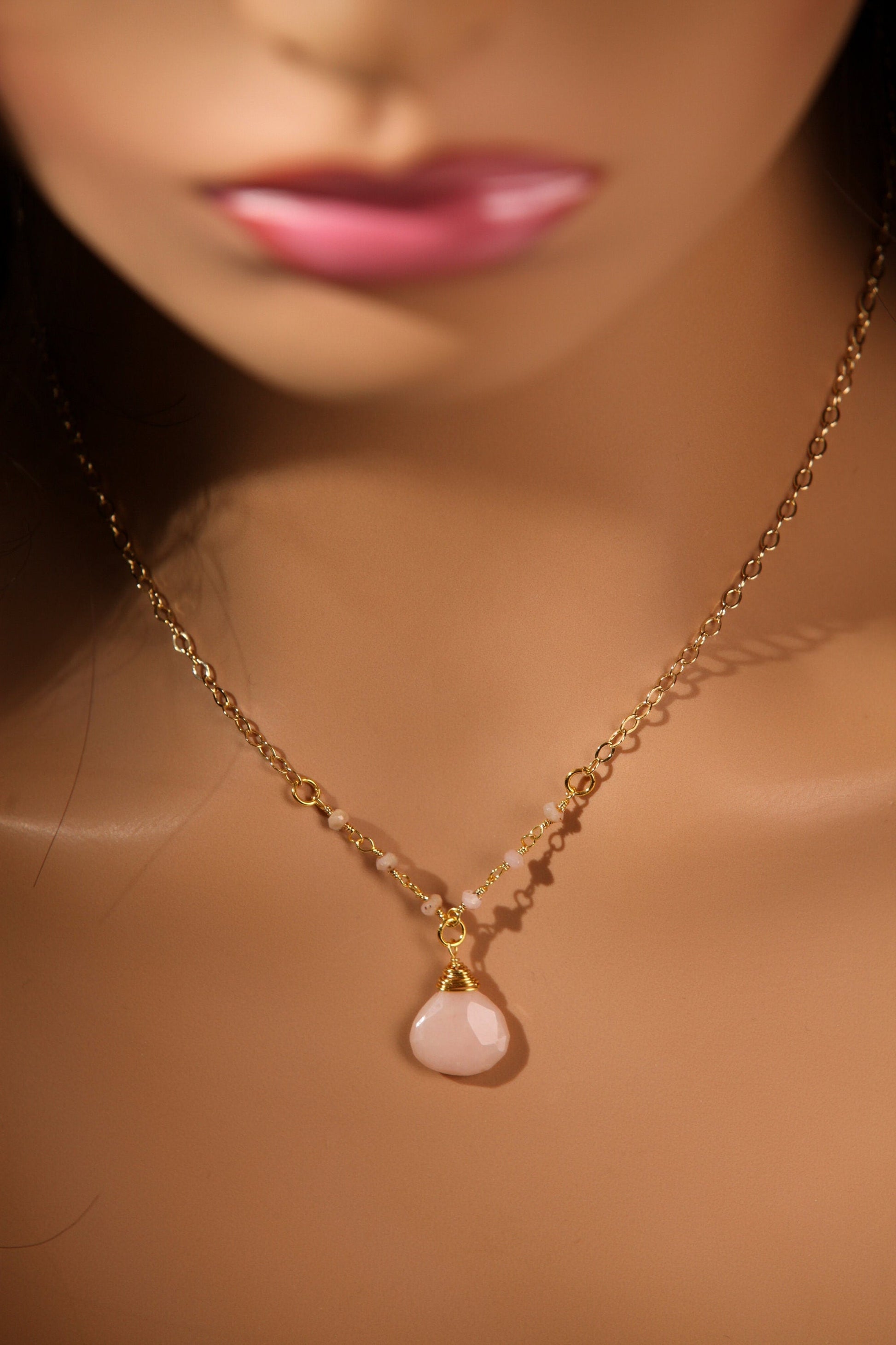 Pink Peruvian Opal Wire Wrapped Heart Shape Pear Drop in 14K Gold Filled Chain Necklace, Minimalist, Gift valentines gift