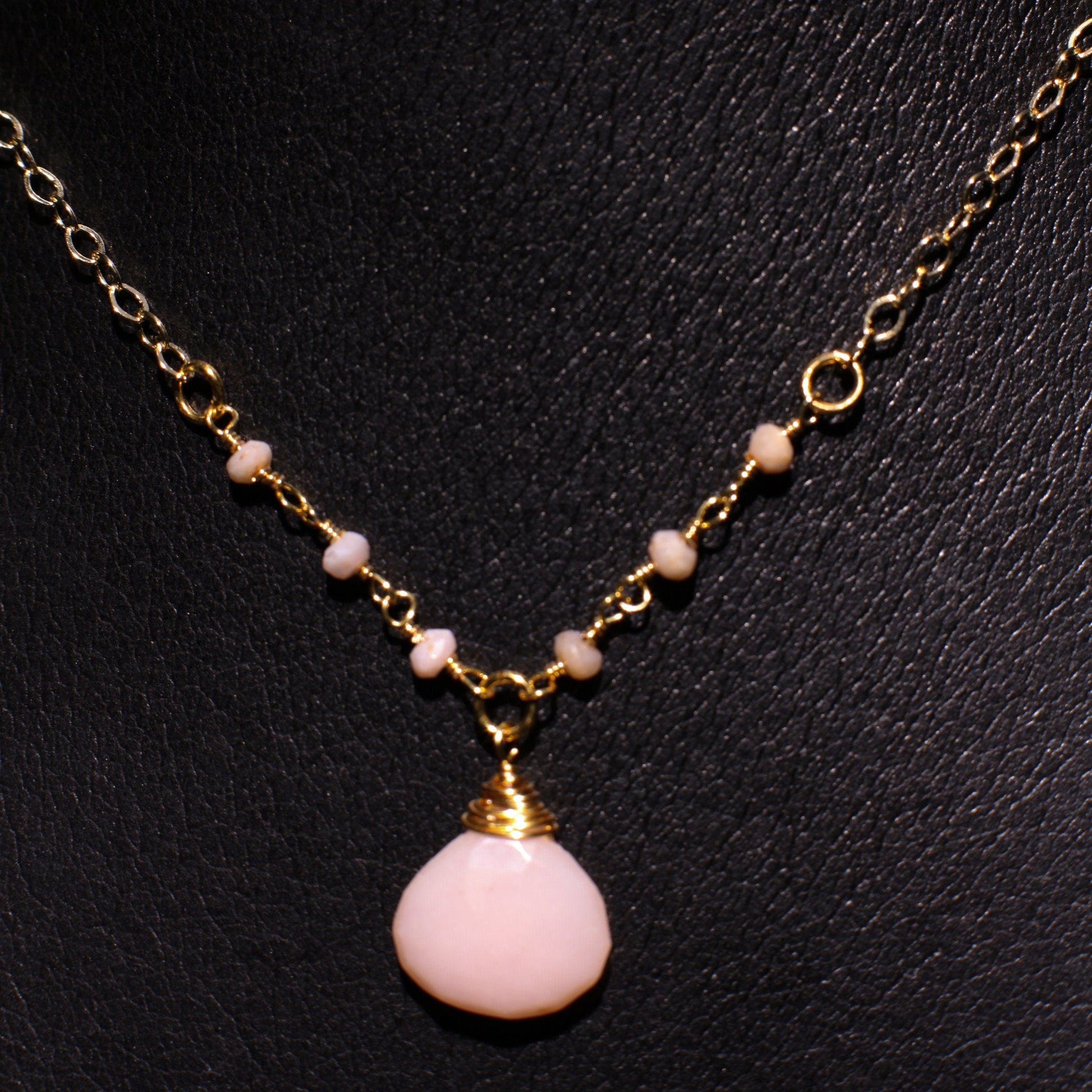 Pink Peruvian Opal Wire Wrapped Heart Shape Pear Drop in 14K Gold Filled Chain Necklace, Minimalist, Gift valentines gift