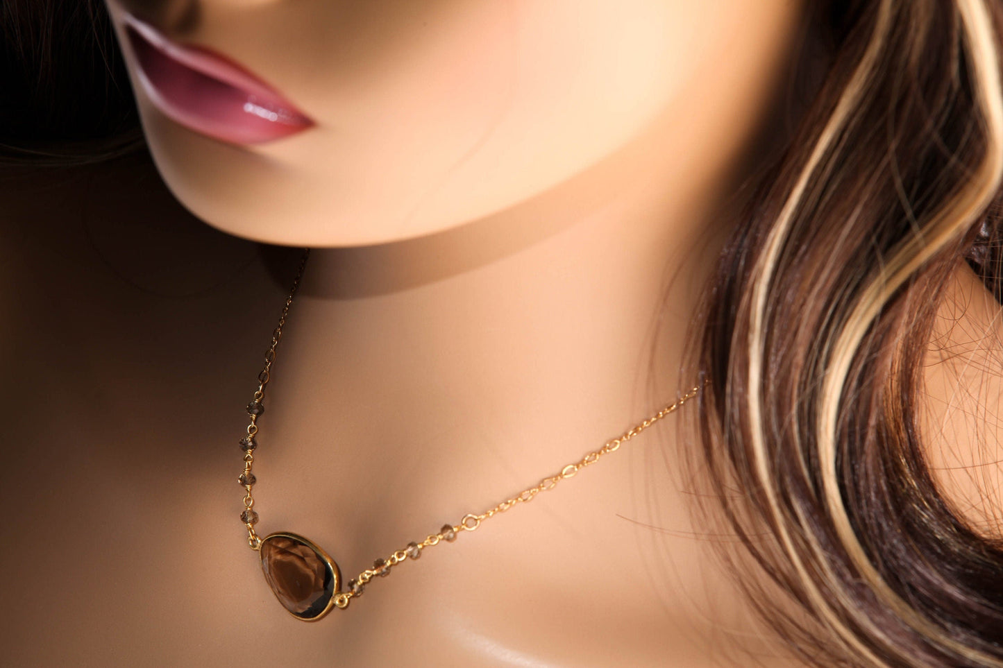 Genuine Smokey Quartz Gold Bezel with Smokey Quartz Wire Wrapped Gemstone Beaded Chain Finished in 14K Gold Filled Long and Short Oval Chain