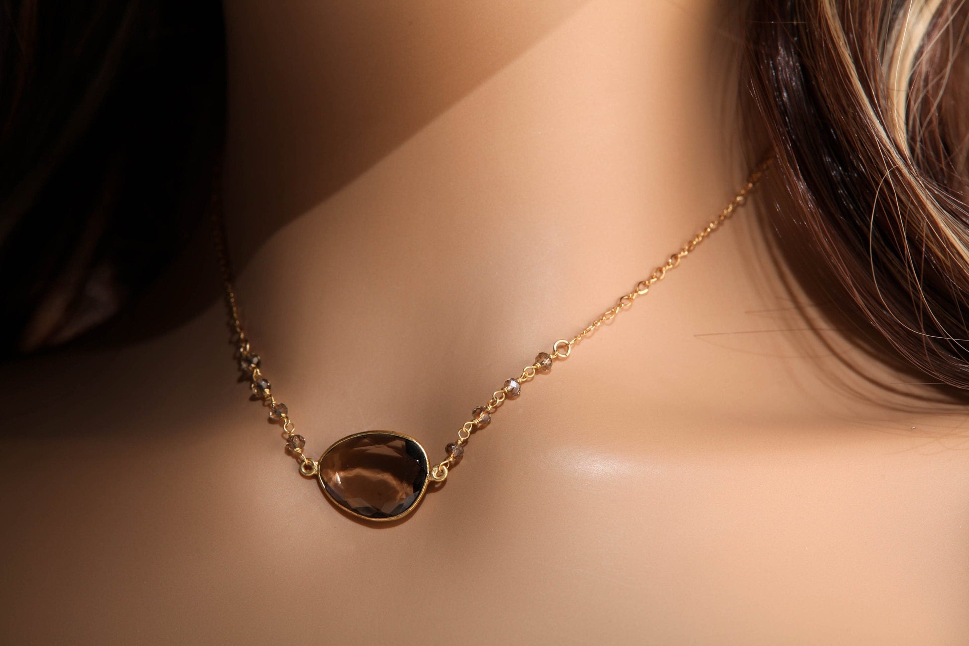 Genuine Smokey Quartz Gold Bezel with Smokey Quartz Wire Wrapped Gemstone Beaded Chain Finished in 14K Gold Filled Long and Short Oval Chain