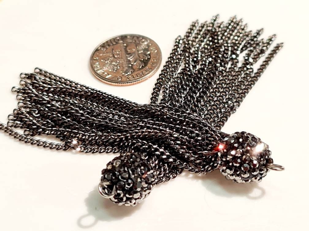 2 pieces black Gun Metal 10mm Rhinestone Crystal Cap Tassel, Jewelry making Earrings, Pendant Findings. 70mm Long