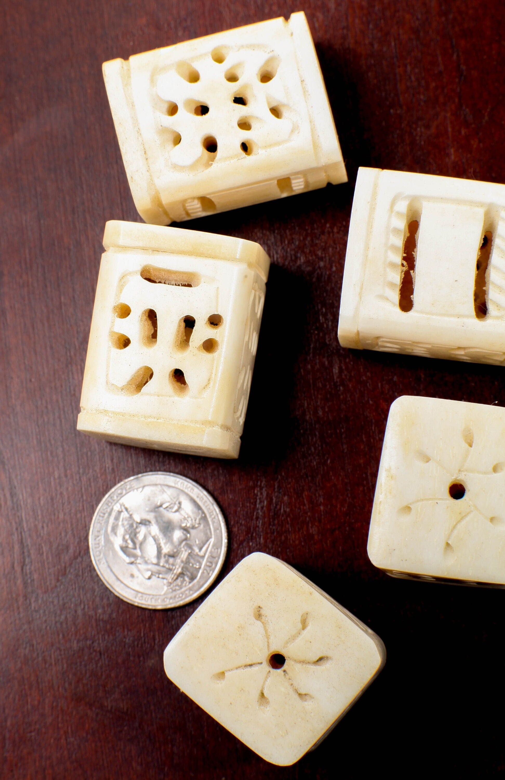 Carved Buffalo Bone White Rectangle Box Shape, Barrel Shape Carved Dragon 26-28x35mm, Hollow Drilled Bead, Art Deco