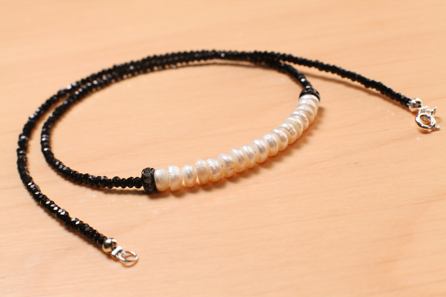 Black Spinel Micro Faceted 2mm Diamond Cut with Freshwater Pearl Rondelle Choker 925 Sterling Silver Necklace Minimalist,Necklace 14" to 40"