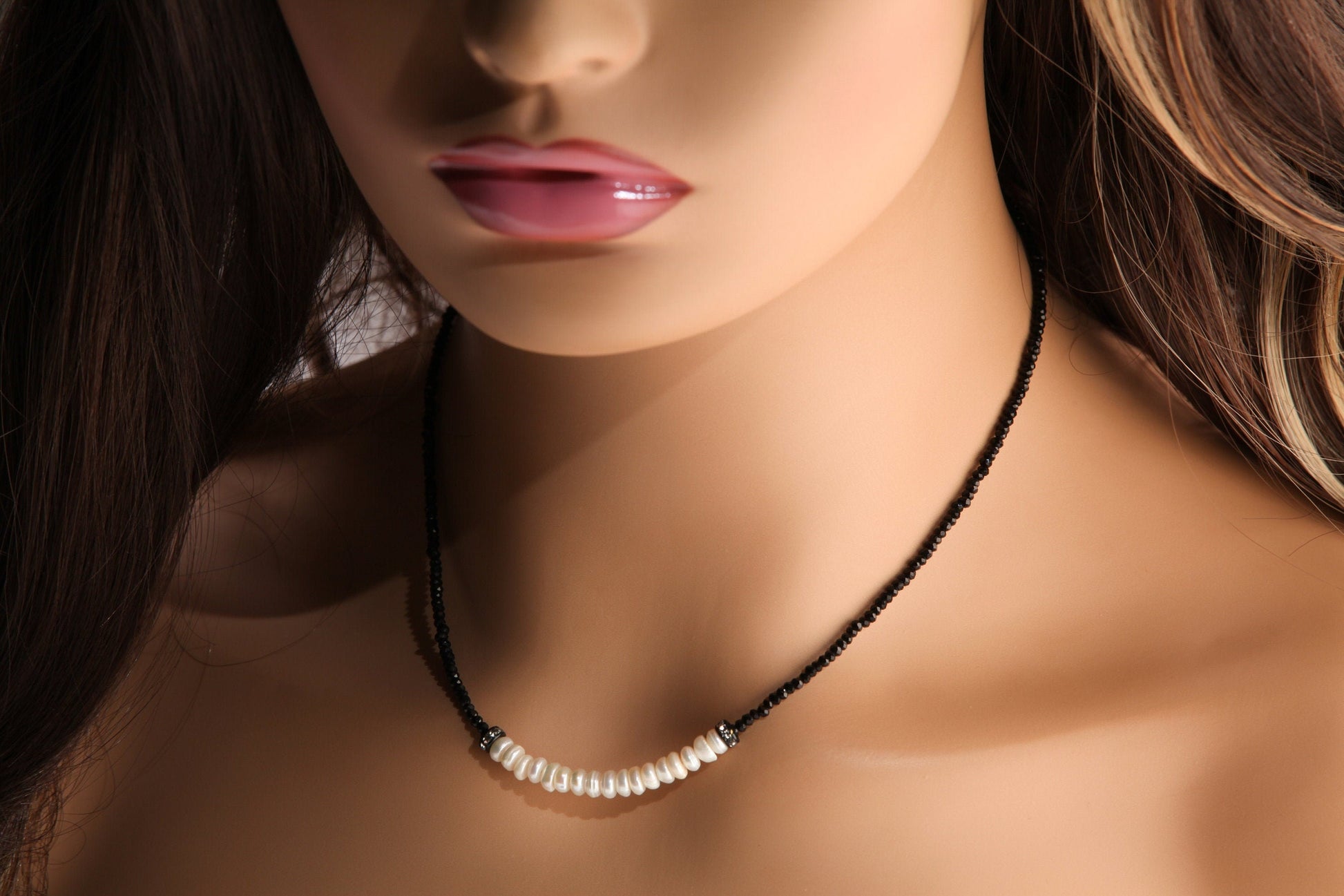 Black Spinel Micro Faceted 2mm Diamond Cut with Freshwater Pearl Rondelle Choker 925 Sterling Silver Necklace Minimalist,Necklace 14" to 40"