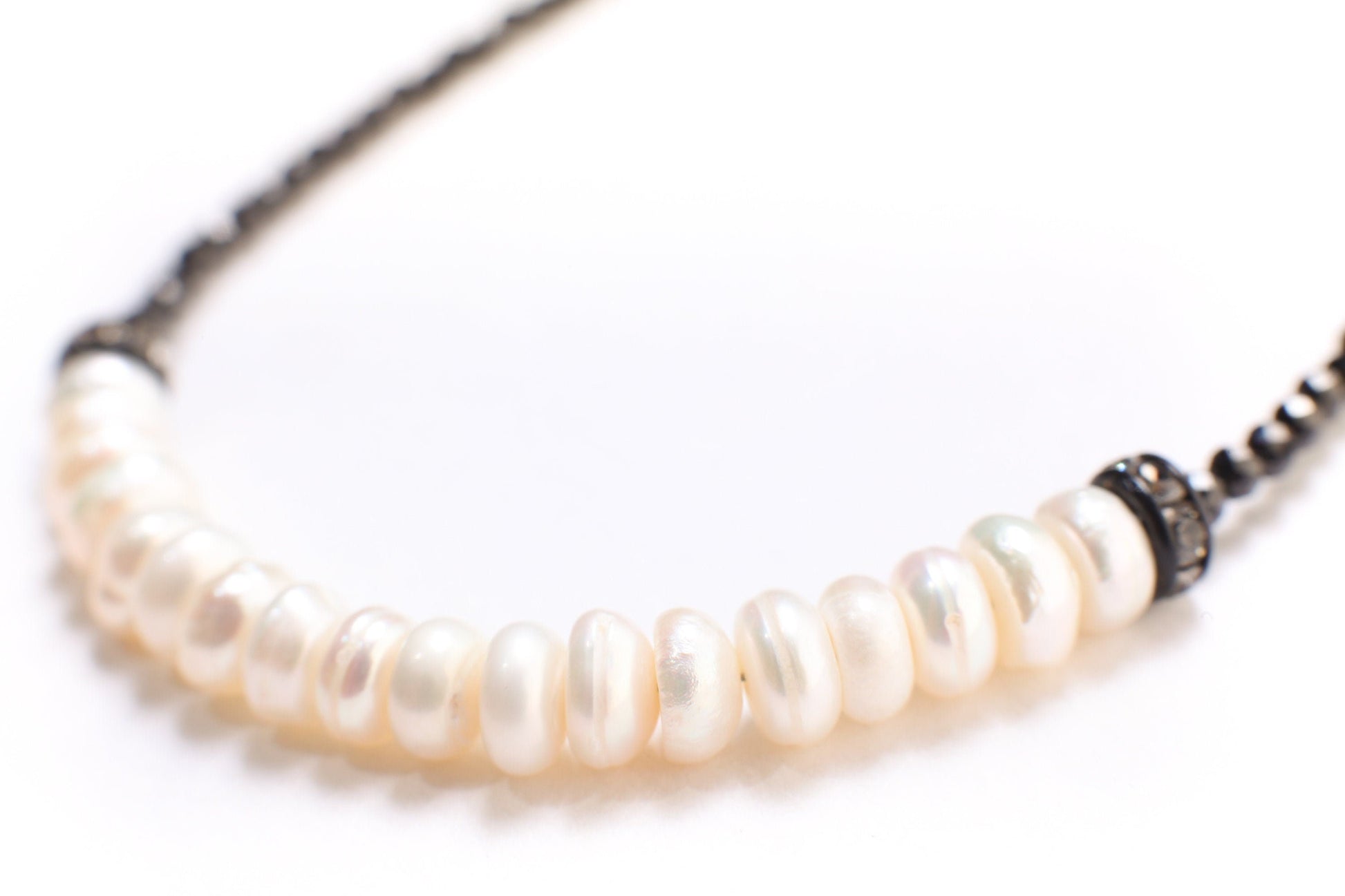 Black Spinel Micro Faceted 2mm Diamond Cut with Freshwater Pearl Rondelle Choker 925 Sterling Silver Necklace Minimalist,Necklace 14" to 40"