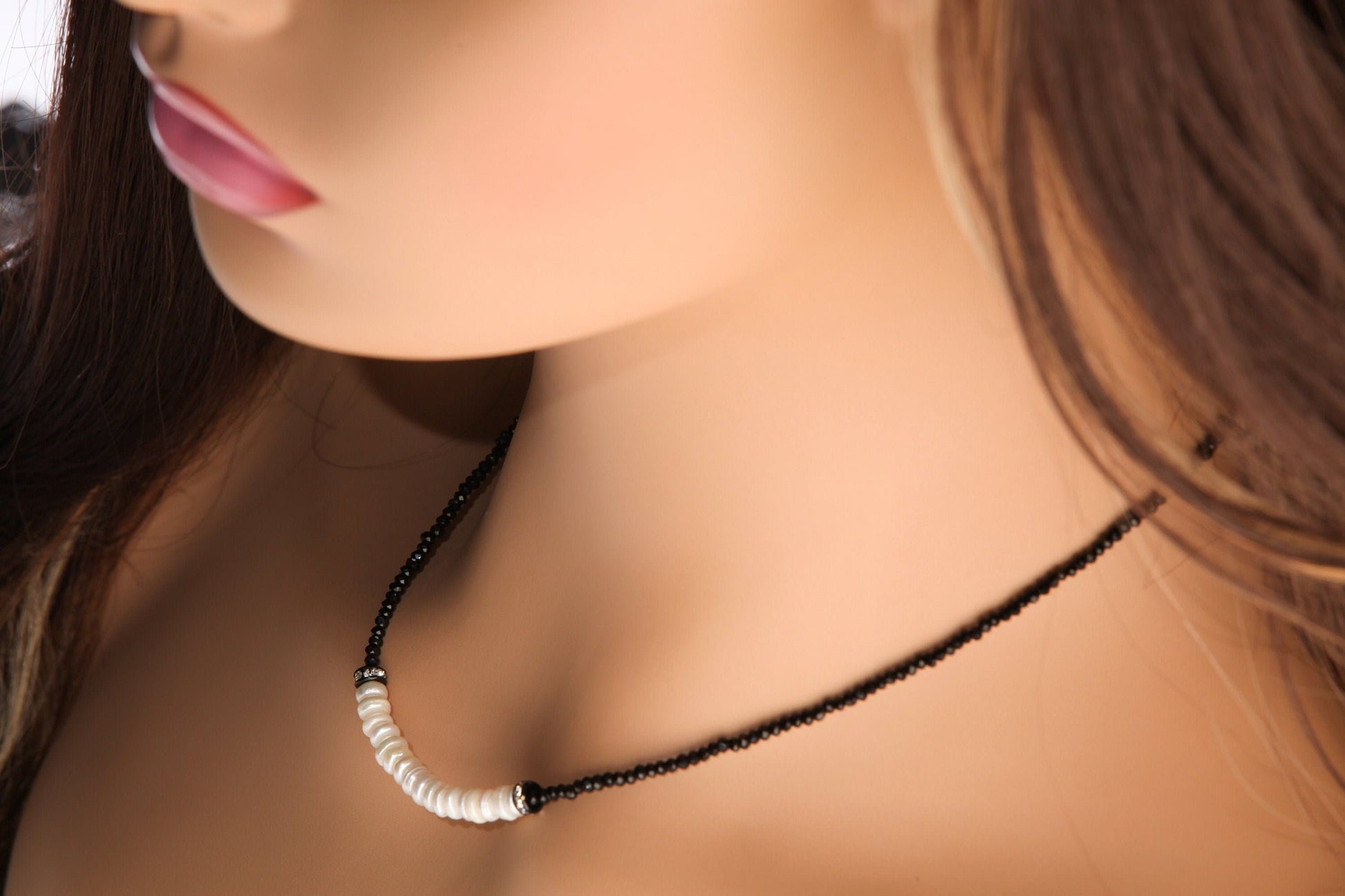 Black Spinel Micro Faceted 2mm Diamond Cut with Freshwater Pearl Rondelle Choker 925 Sterling Silver Necklace Minimalist,Necklace 14" to 40"