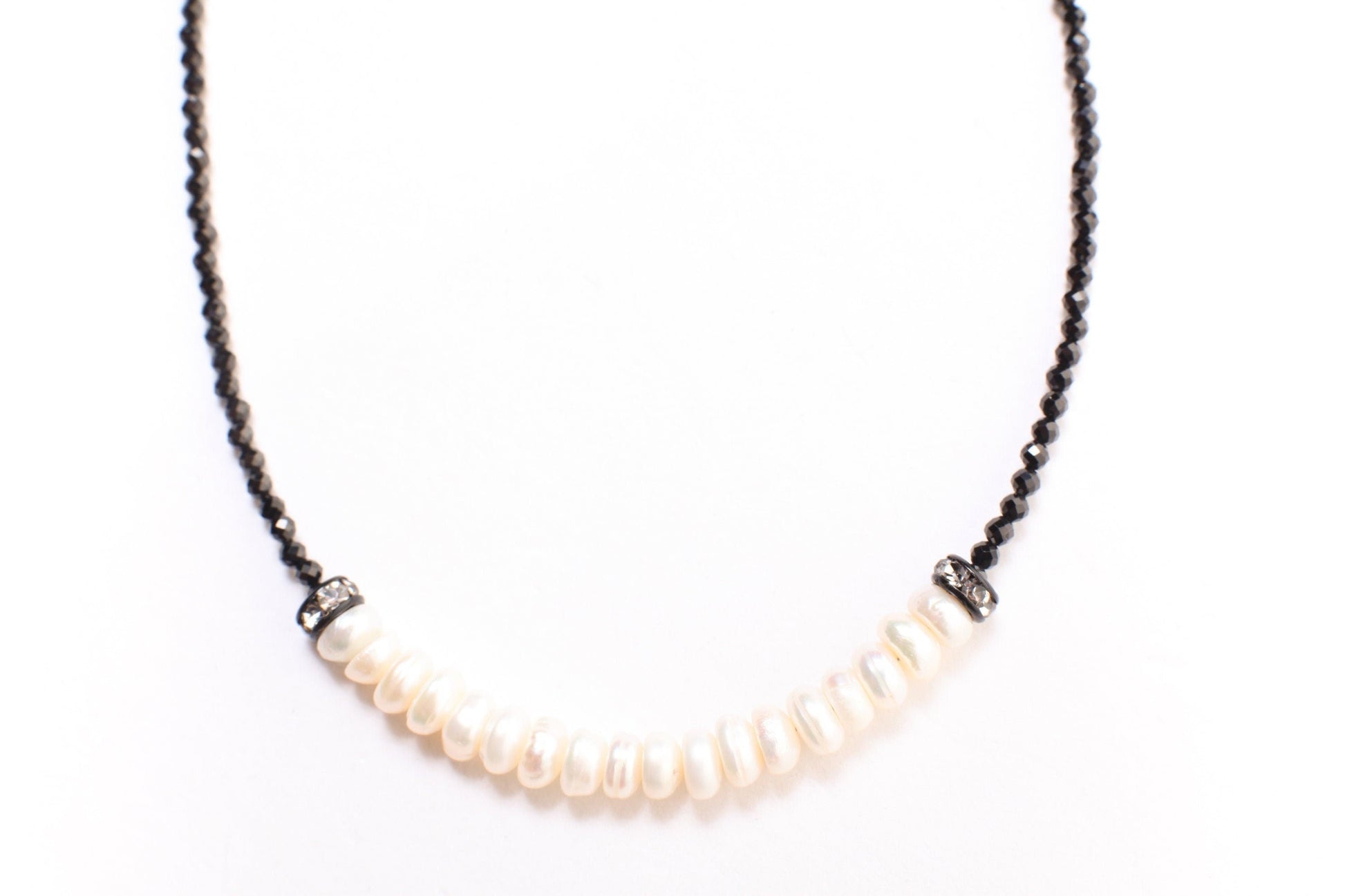 Black Spinel Micro Faceted 2mm Diamond Cut with Freshwater Pearl Rondelle Choker 925 Sterling Silver Necklace Minimalist,Necklace 14" to 40"