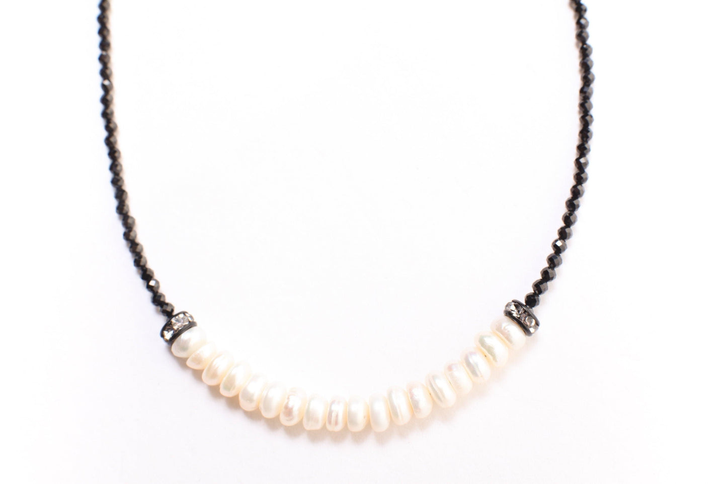 Black Spinel Micro Faceted 2mm Diamond Cut with Freshwater Pearl Rondelle Choker 925 Sterling Silver Necklace Minimalist,Necklace 14" to 40"