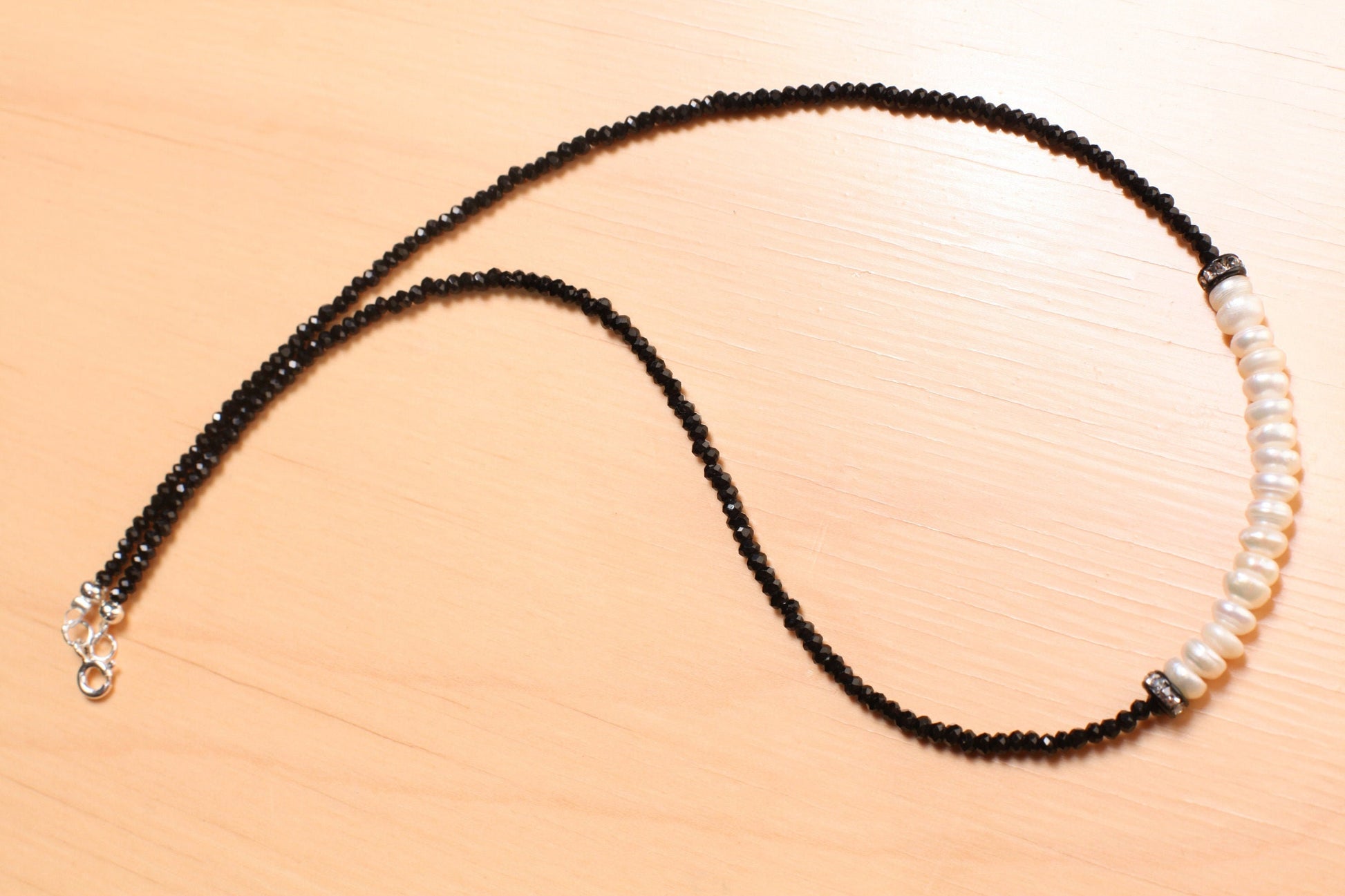 Black Spinel Micro Faceted 2mm Diamond Cut with Freshwater Pearl Rondelle Choker 925 Sterling Silver Necklace Minimalist,Necklace 14" to 40"