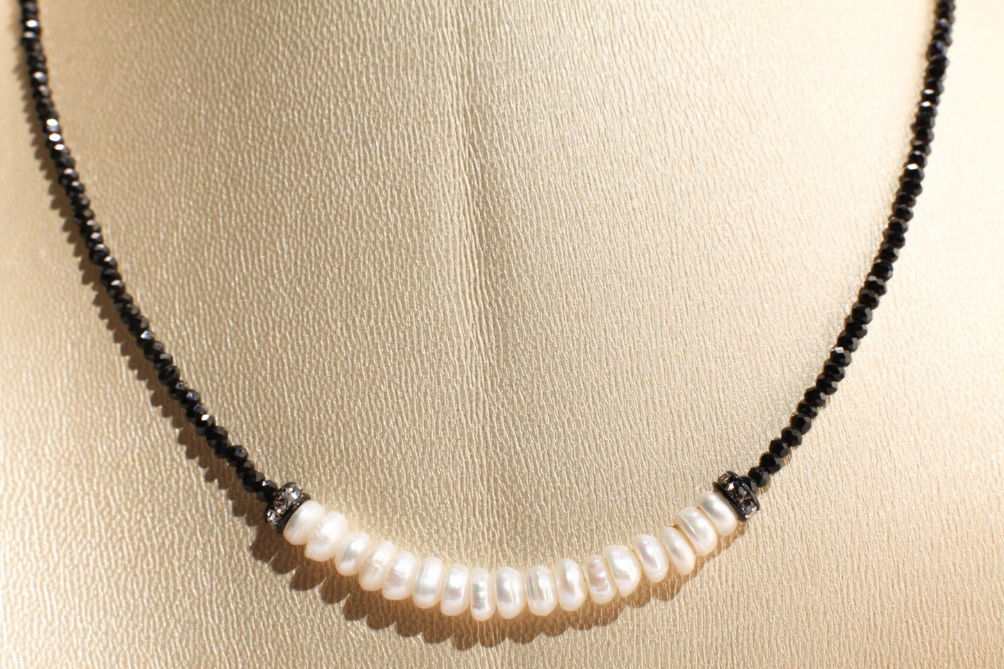 Black Spinel Micro Faceted 2mm Diamond Cut with Freshwater Pearl Rondelle Choker 925 Sterling Silver Necklace Minimalist,Necklace 14&quot; to 40&quot;
