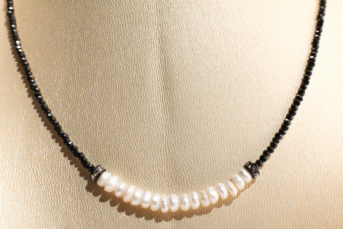 Black Spinel Micro Faceted 2mm Diamond Cut with Freshwater Pearl Rondelle Choker 925 Sterling Silver Necklace Minimalist,Necklace 14" to 40"