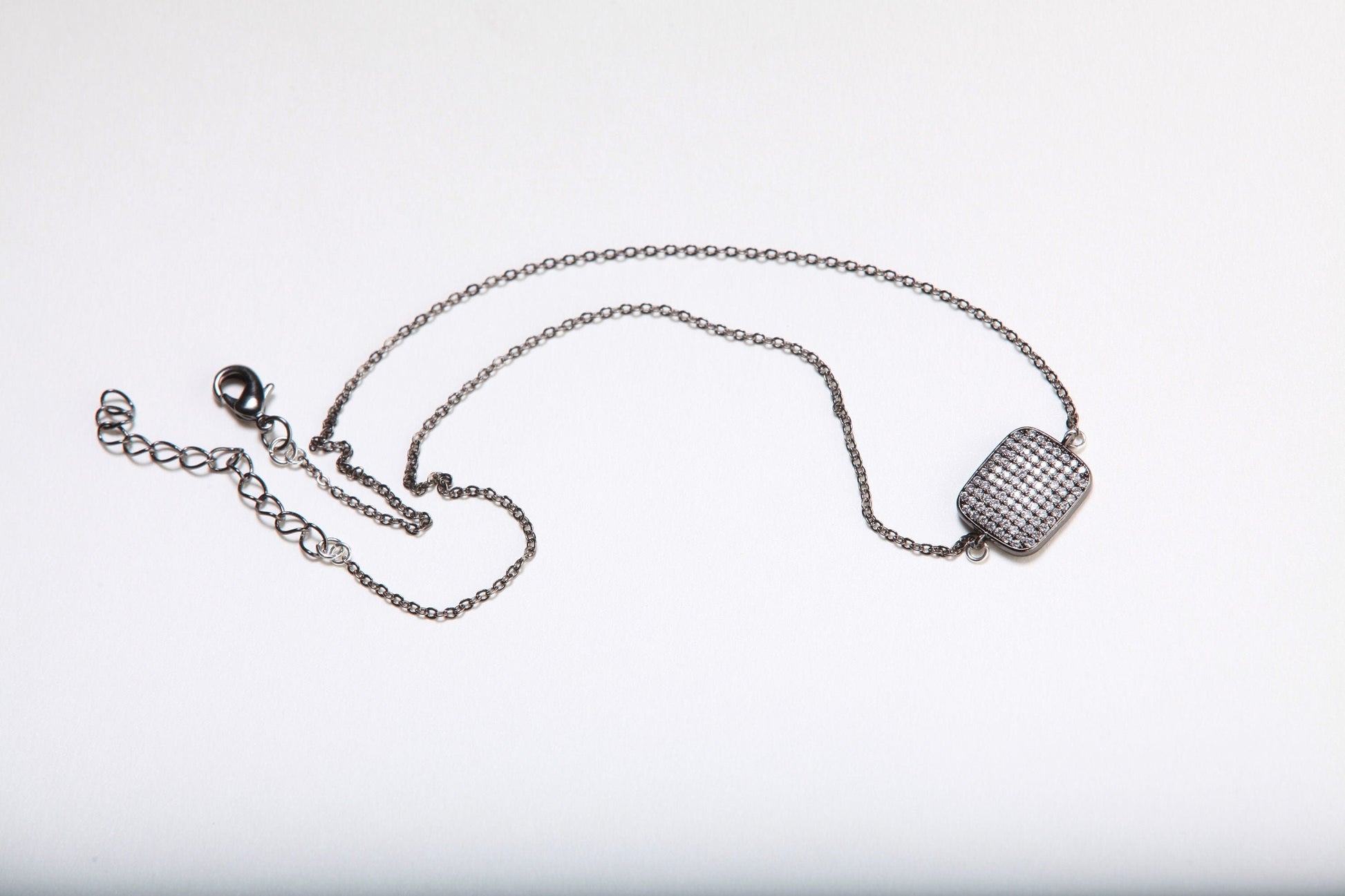 Cubic Zirconia Oxidized and Diamond Micro Pave, Bling Pillow Shape Charm 16&quot; Necklace and 2&quot; Extension Chain
