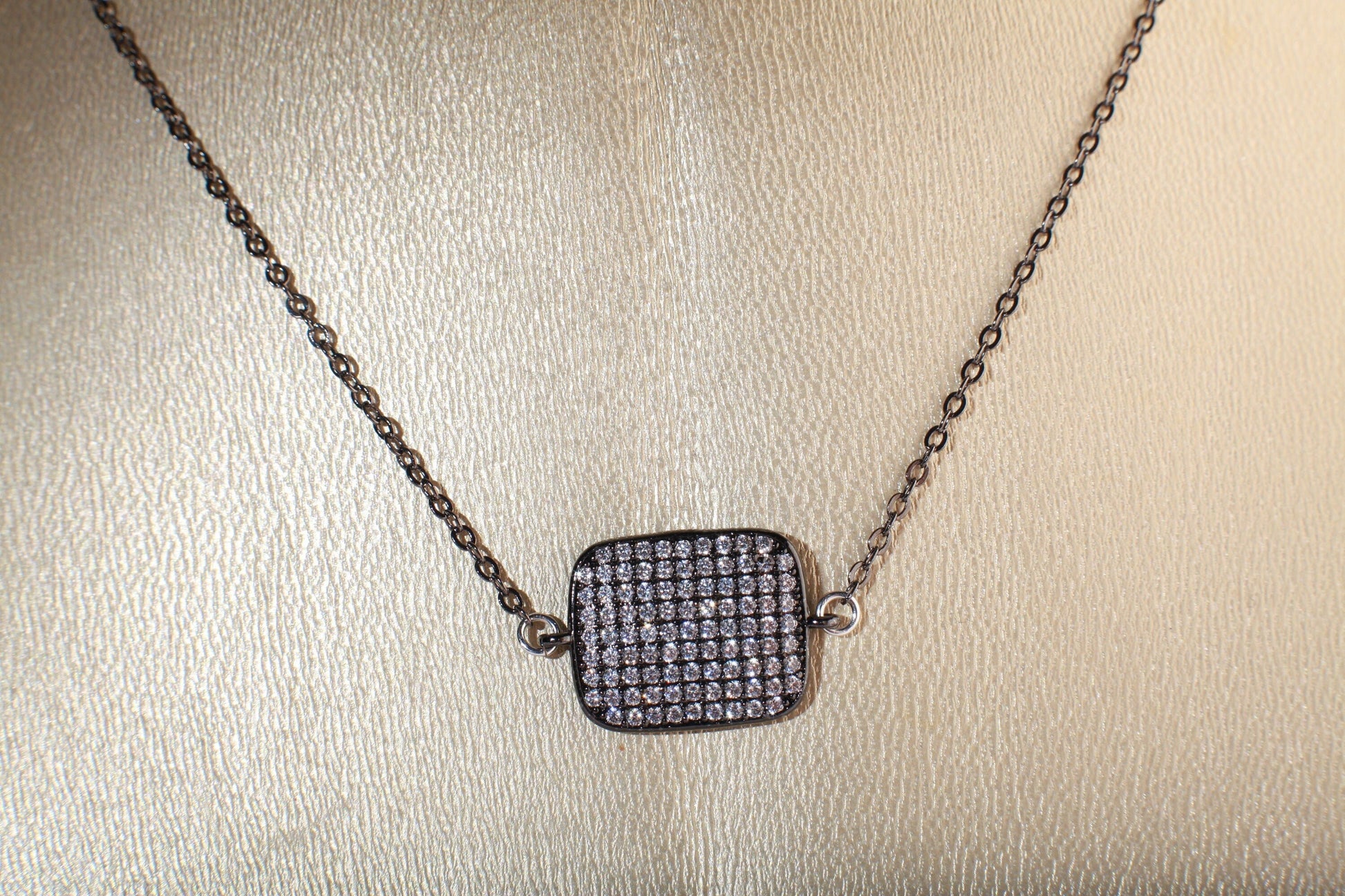 Cubic Zirconia Oxidized and Diamond Micro Pave, Bling Pillow Shape Charm 16&quot; Necklace and 2&quot; Extension Chain