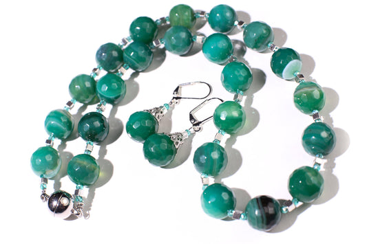 Natural Green agate ,stripe Agate Necklace Earrings Set,14mm Faceted Round with Matching Earrings 20&quot; with Strong Magnetic Clasp,