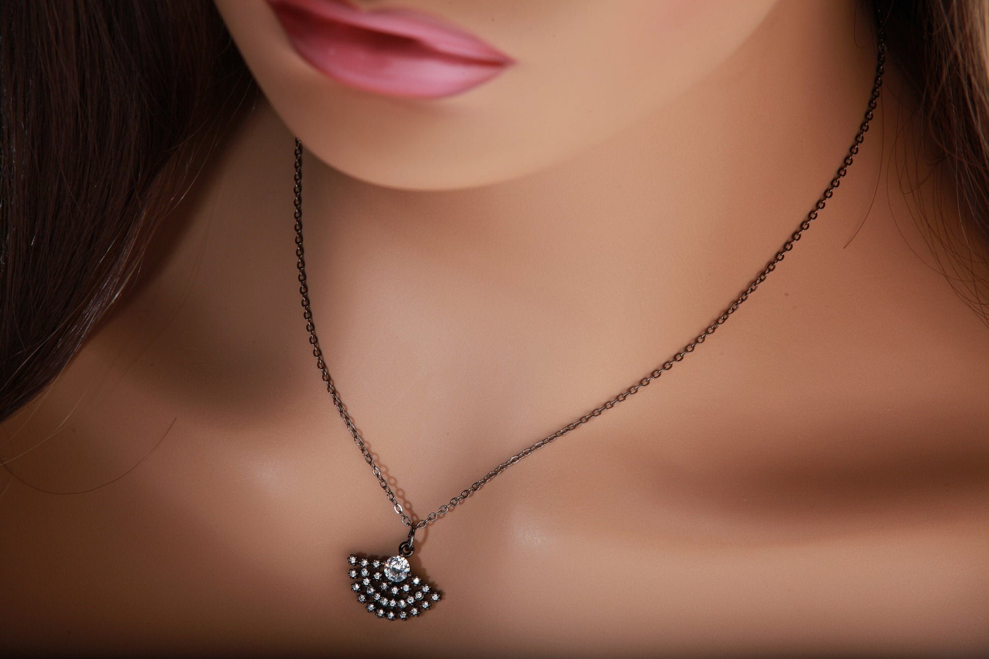 Cubic Zirconia Oxidized and Rhinestone Diamond Ball Micro Pave Fan Charm Necklace. Available in 16&quot;, 18&quot; and 20&quot;