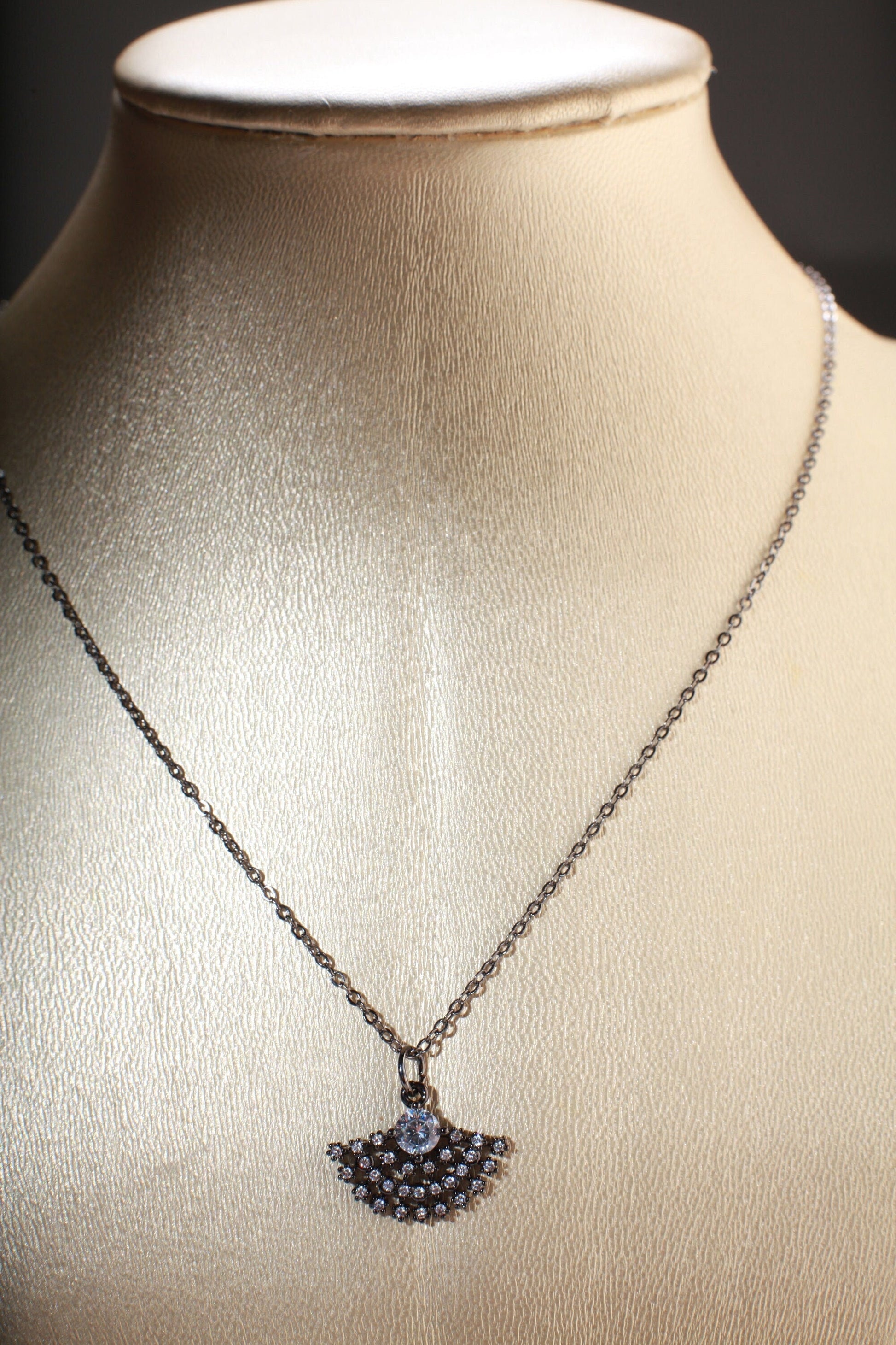 Cubic Zirconia Oxidized and Rhinestone Diamond Ball Micro Pave Fan Charm Necklace. Available in 16", 18" and 20"
