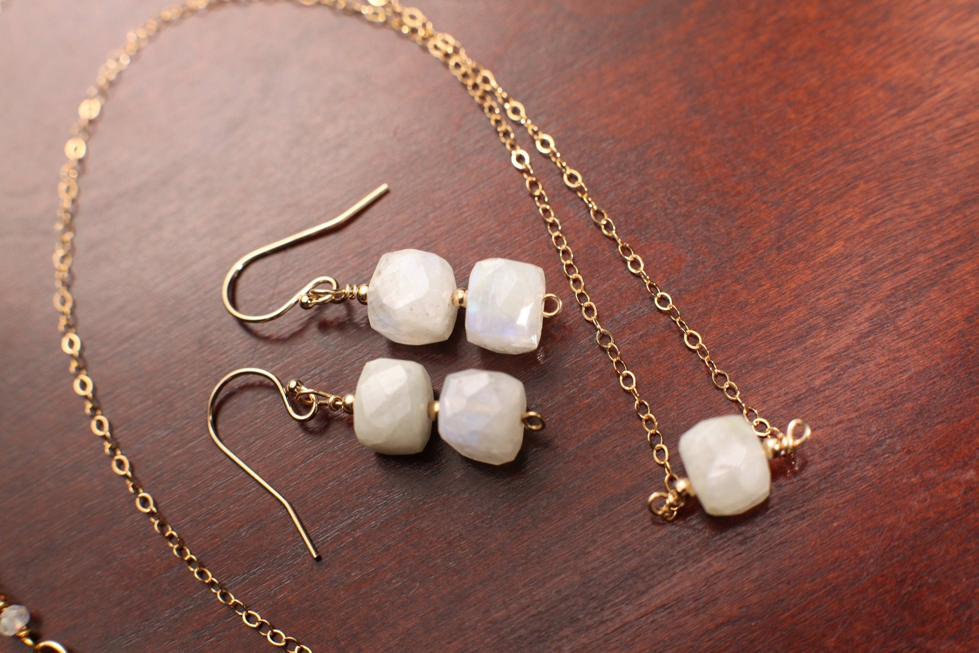 Moonstone Faceted Cube, 14k Gold Filled Necklace and Earrings Jewelry Set. Wire Wrapped Dangling Handmade Elegant Moonstone Jewelry Gift