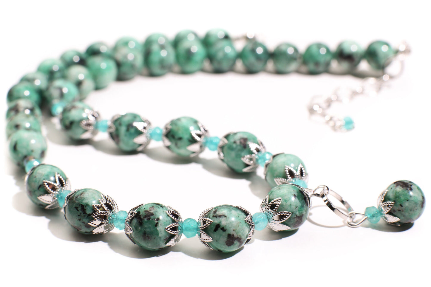 Aqua Tera Green Jasper 10mm Round Pendant Necklace with Apatite Spacers, Matching Earrings Jewelry Set 18" plus 2" Extension