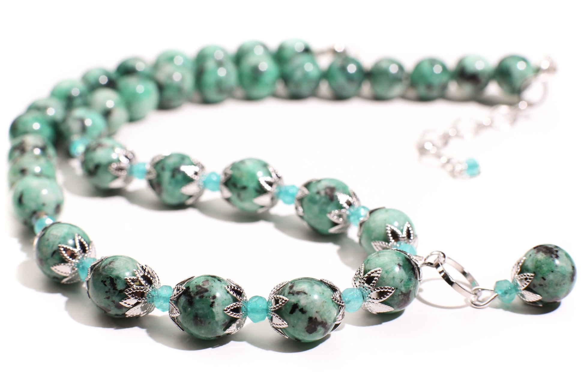 Aqua Tera Green Jasper 10mm Round Pendant Necklace with Apatite Spacers, Matching Earrings Jewelry Set 18" plus 2" Extension