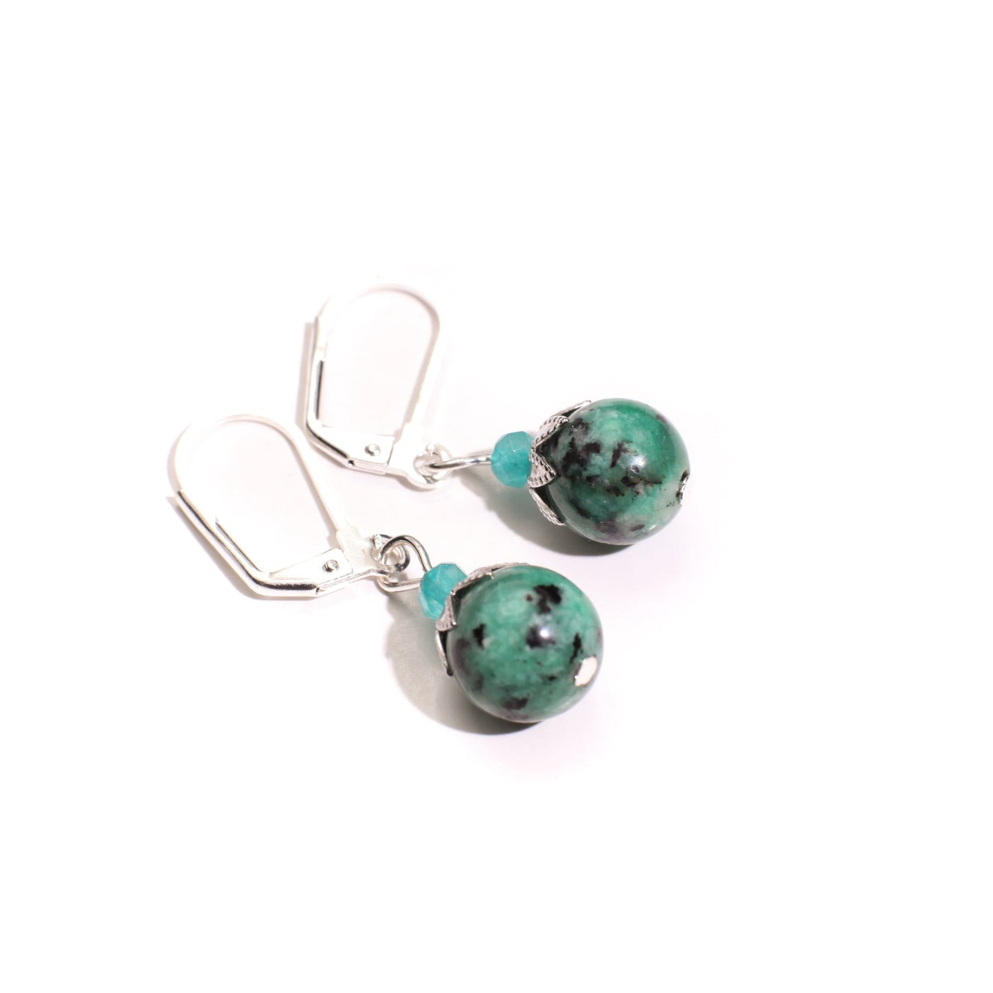Aqua Tera Green Jasper 10mm Round Pendant Necklace with Apatite Spacers, Matching Earrings Jewelry Set 18" plus 2" Extension