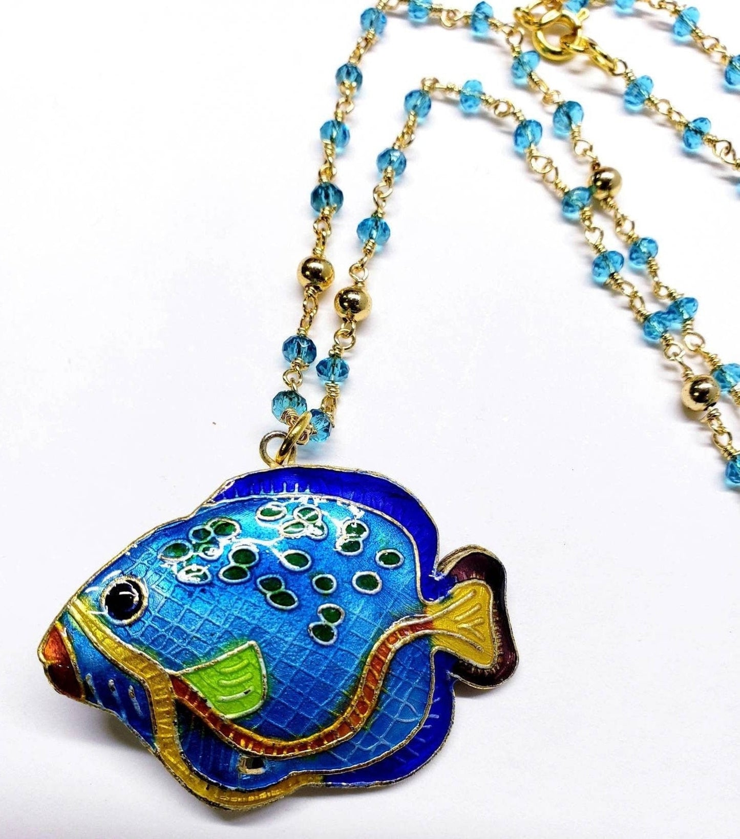 Genuine Cloisonné fish pendant 30x40mm Reversible with matching blue crystal gold beaded 20&quot;chain. Beautiful fish lover vintage gift.