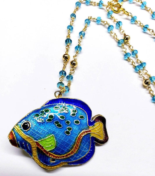 Genuine Cloisonné fish pendant 30x40mm Reversible with matching blue crystal gold beaded 20&quot;chain. Beautiful fish lover vintage gift.