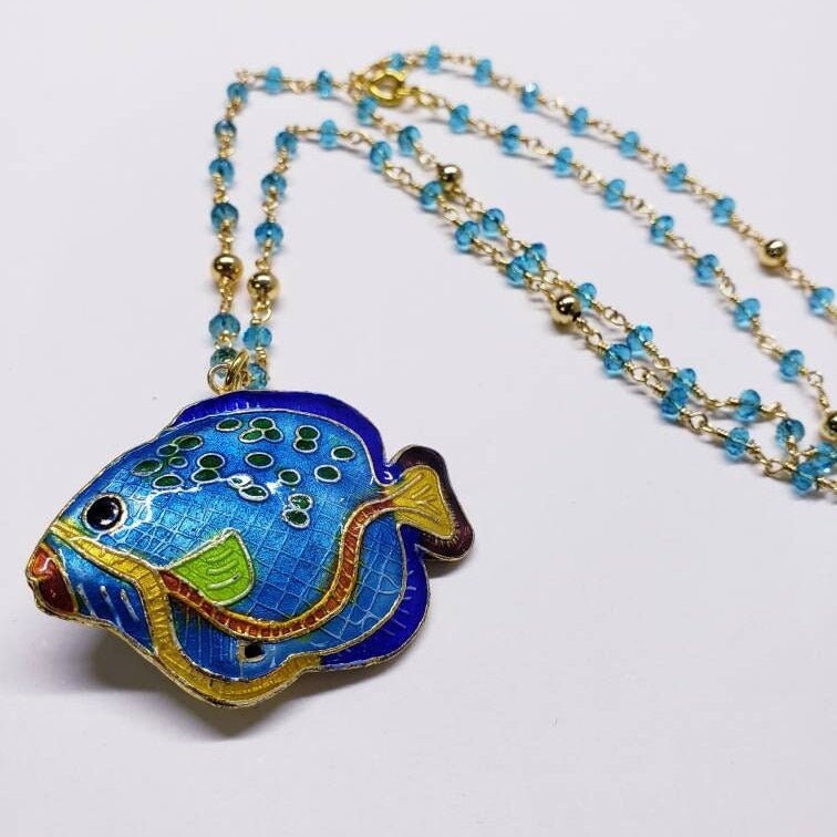 Genuine Cloisonné fish pendant 30x40mm Reversible with matching blue crystal gold beaded 20&quot;chain. Beautiful fish lover vintage gift.